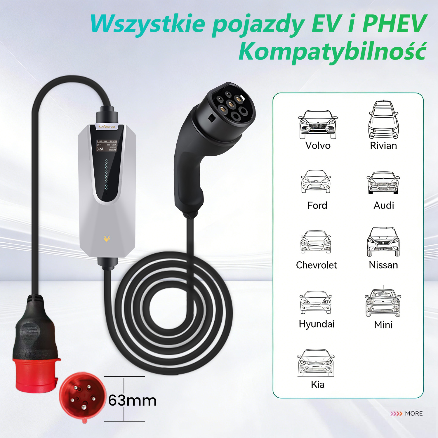 Kabel do ładowania EV z wtyczką, wyświetlaczem i kompatybilnymi markami.