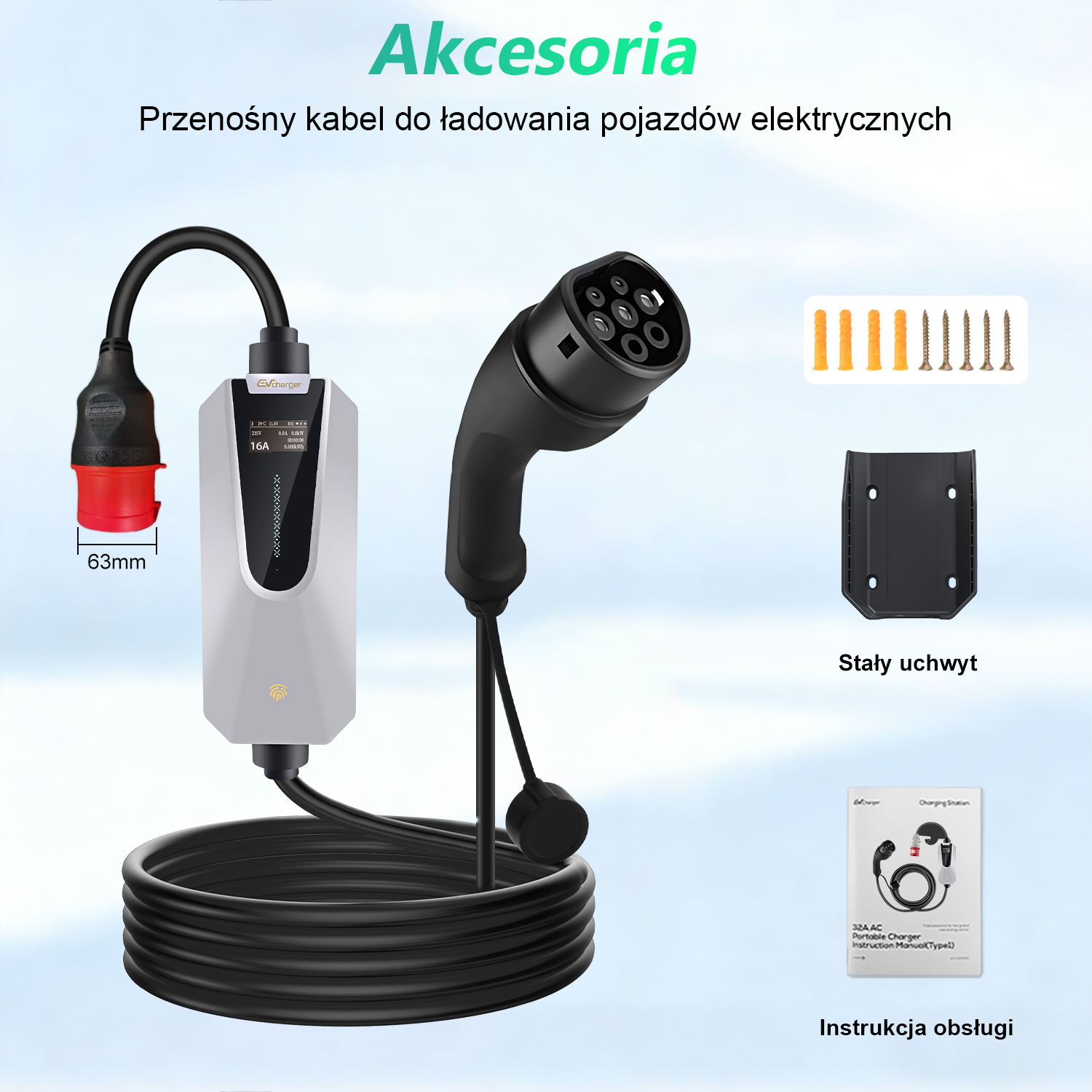 Przenośny kabel do ładowania EV ze skrzynką sterowniczą, uchwytem ściennym, śrubami i instrukcją.