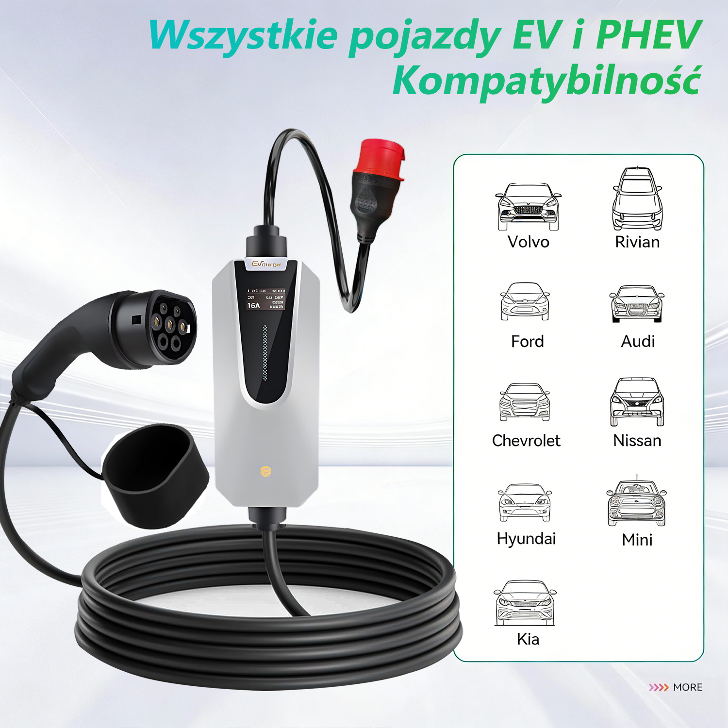 Ładowarka EV z kablem, czerwoną wtyczką i listą kompatybilnych marek samochodów, takich jak Volvo i Ford.