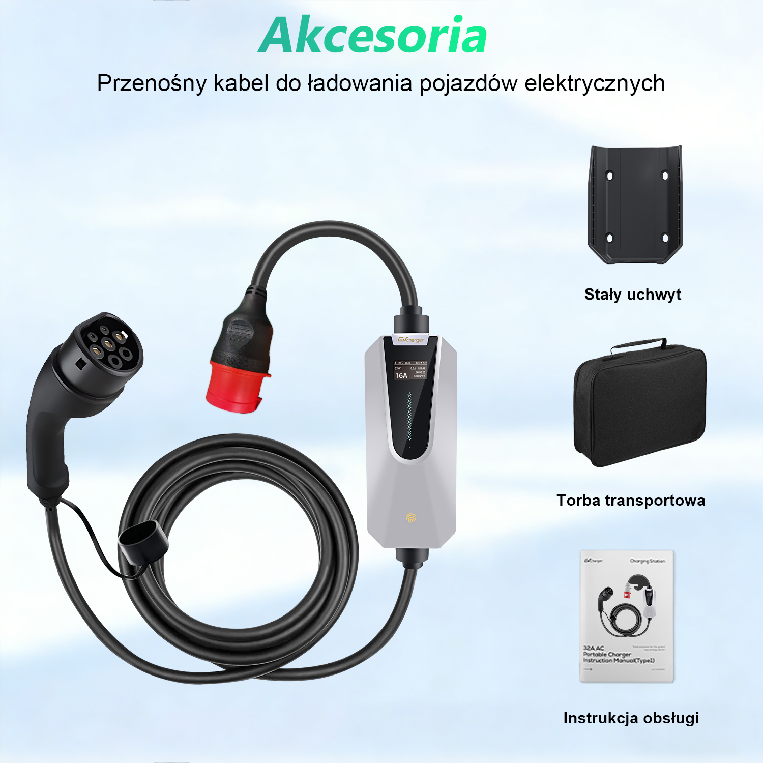 Przenośny kabel do ładowania EV z wtyczką, skrzynką, uchwytem, torbą i instrukcją.