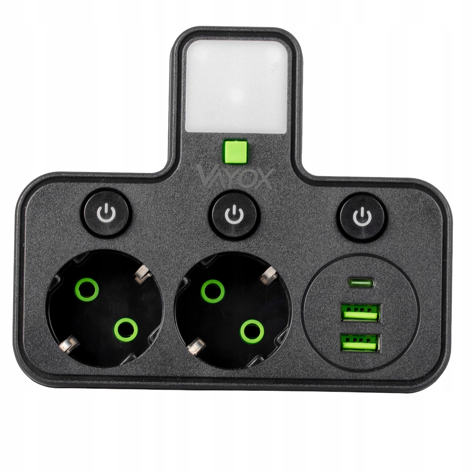 Czarna listwa zasilająca z dwoma gniazdami, trzema portami USB, przyciskami zasilania i zintegrowanym światłem.
