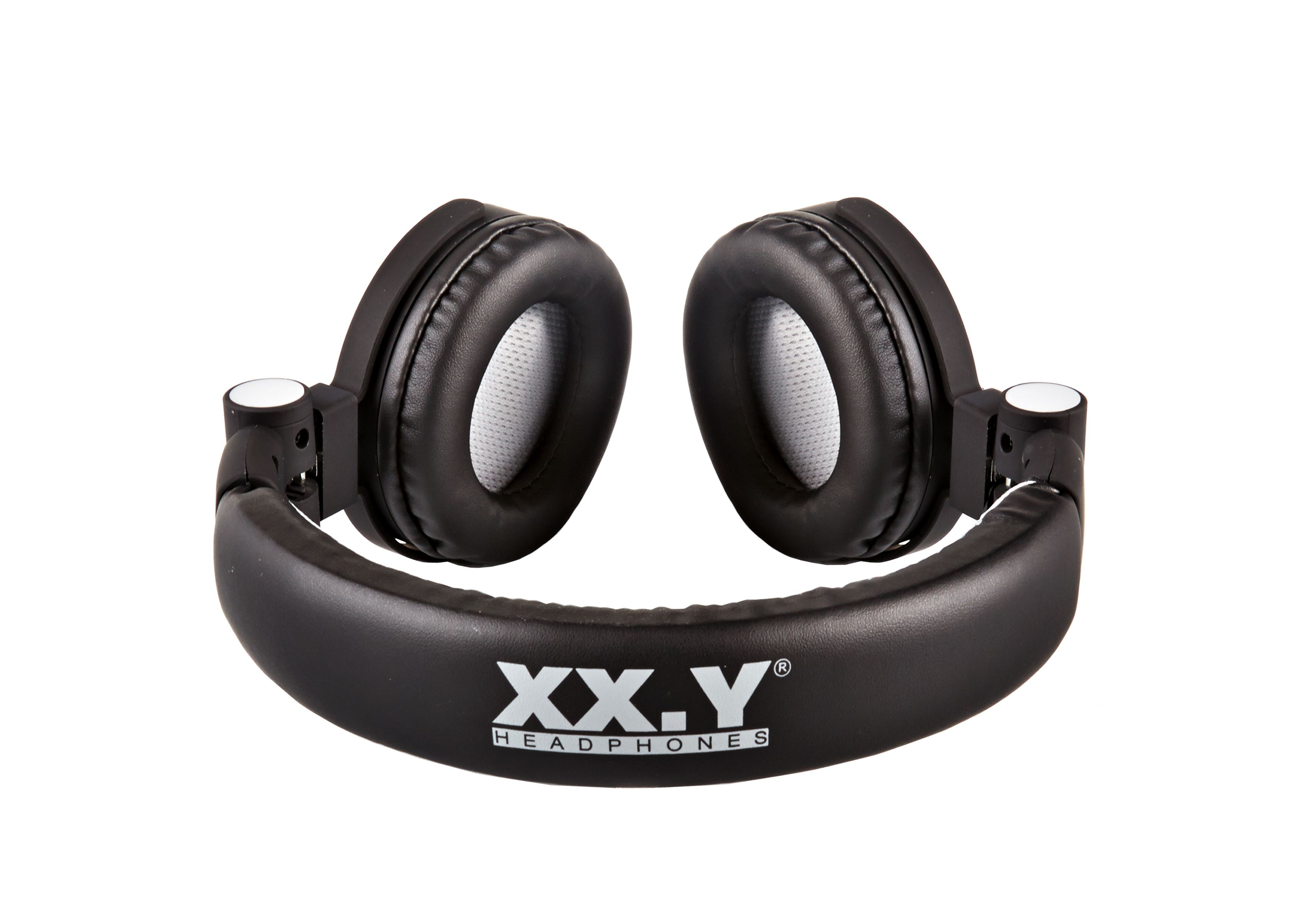 Czarne słuchawki nauszne z miękkimi nausznikami i logo XX.Y HEADPHONES na pałąku, na białym tle.