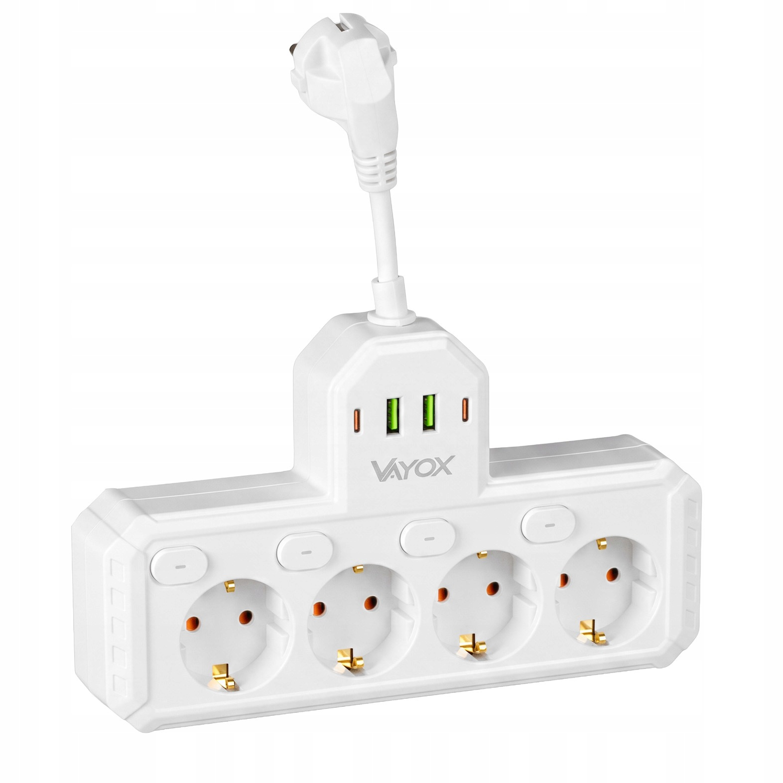Biała listwa zasilająca Vayox z czterema gniazdami, dwoma portami USB, wyłącznikami i kablem na białym tle.