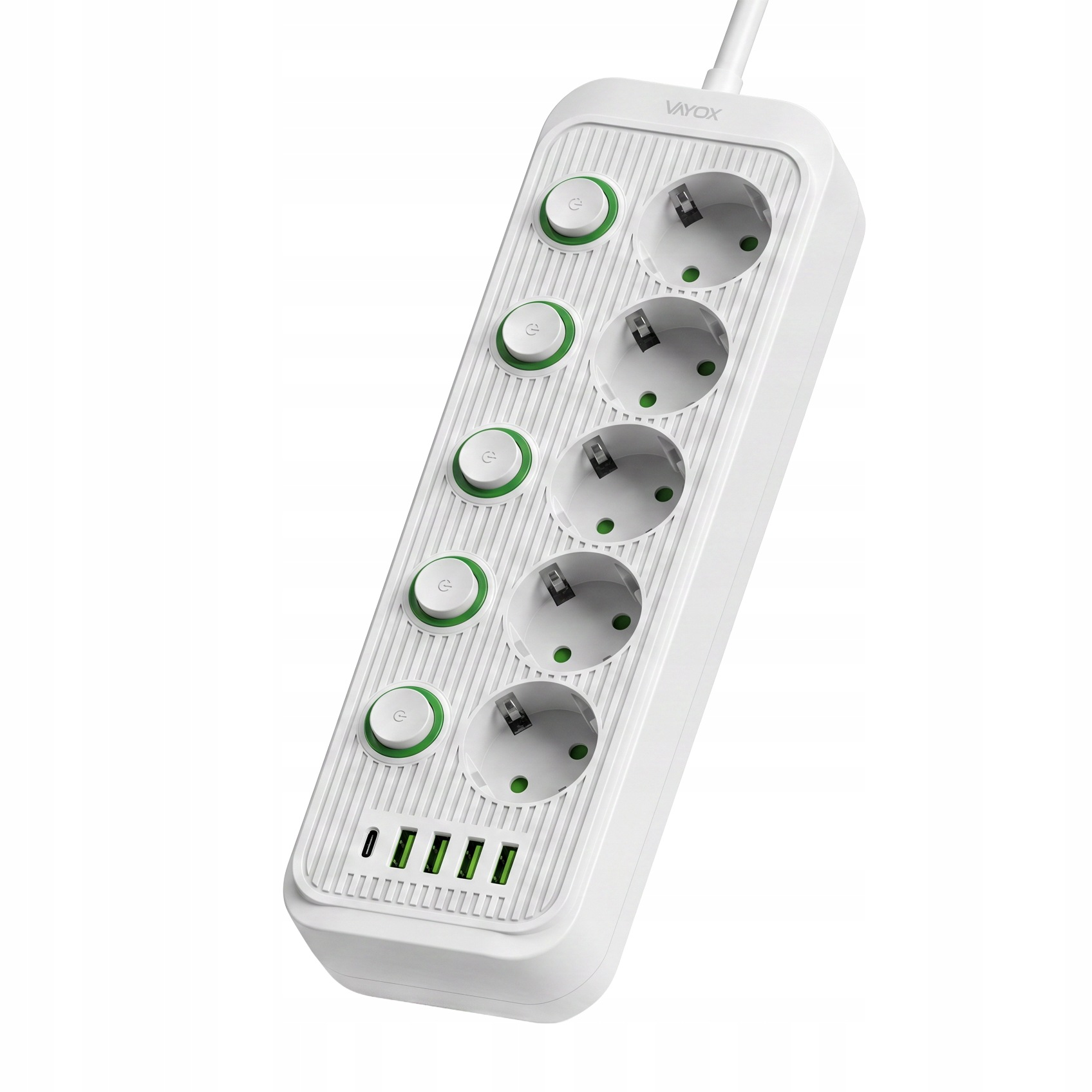 Biała listwa zasilająca z pięcioma przełącznikami, pięcioma gniazdami i czterema portami USB.