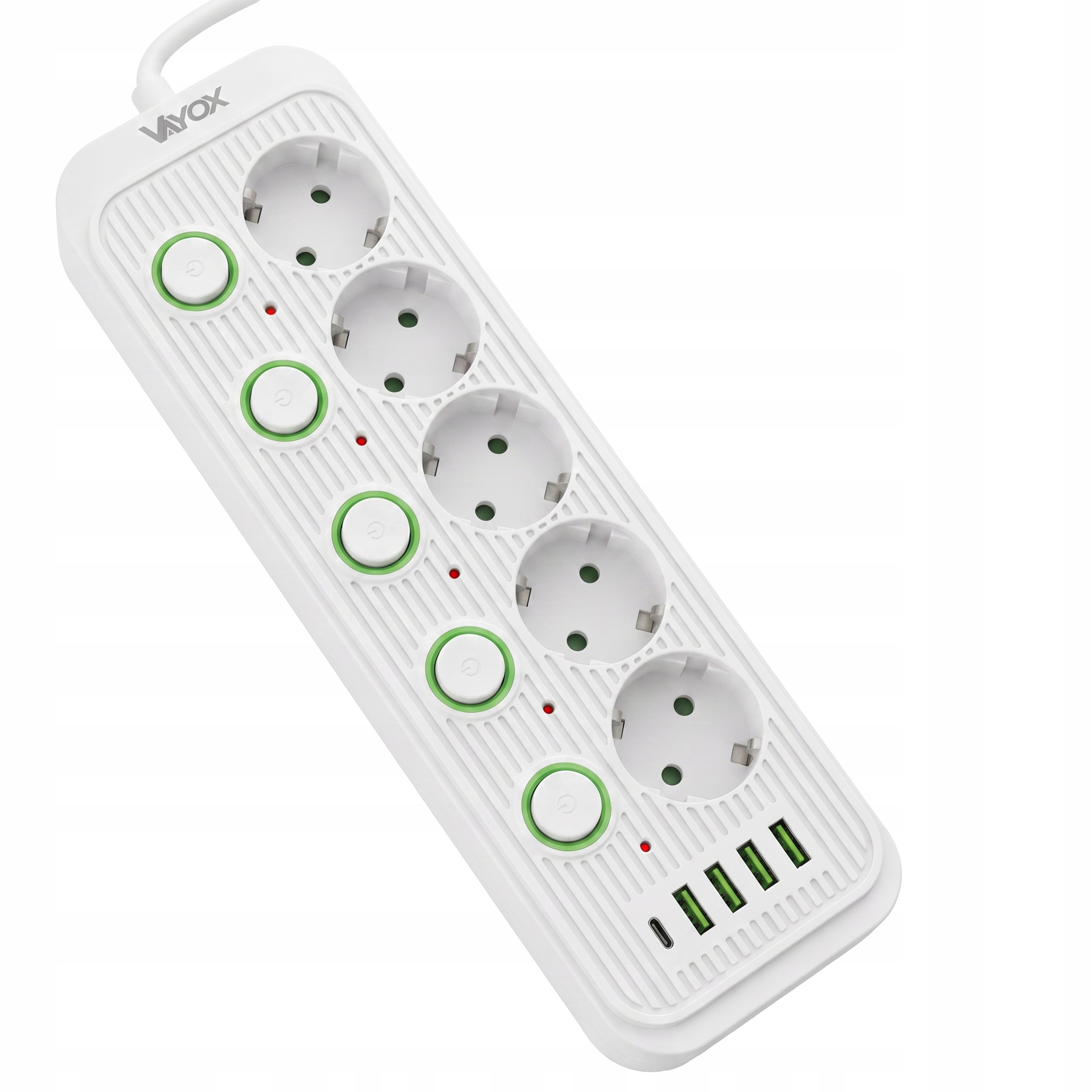 Biała listwa zasilająca Vayox z pięcioma gniazdami, wyłącznikami i czterema portami USB.