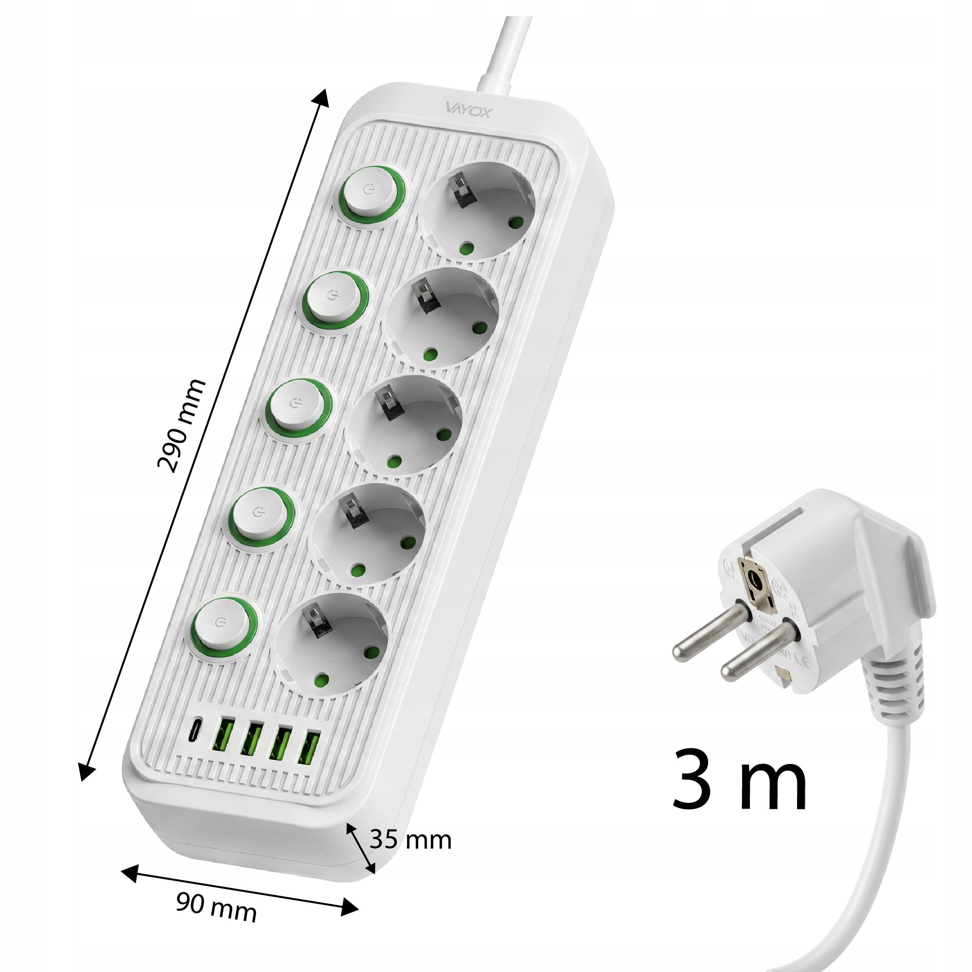 Biała listwa zasilająca z 5 gniazdami, portami USB, przełącznikami, wymiarami i kablem 3m z wtyczką.