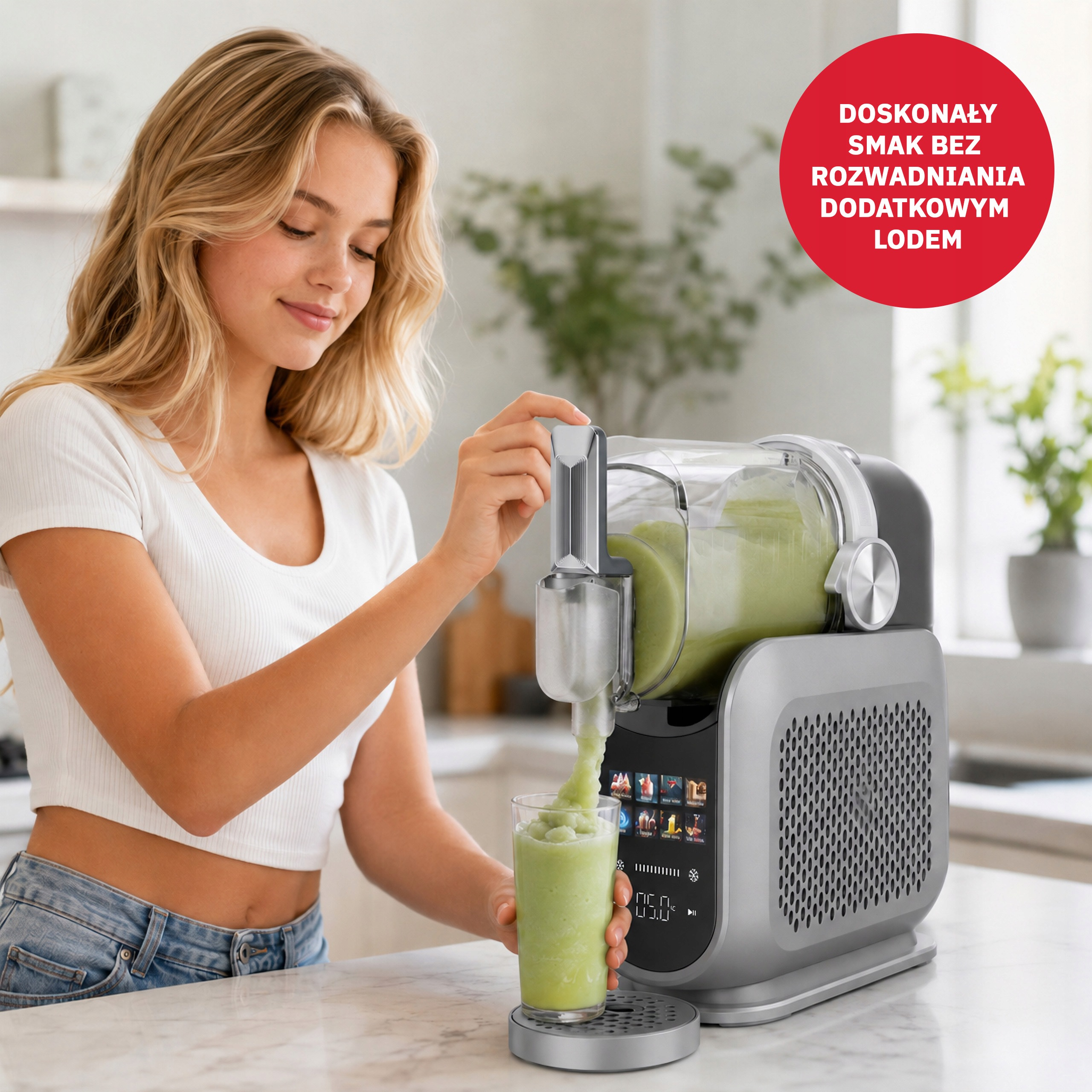 Młoda kobieta nalewa zielone smoothie do szklanki z szarej maszyny do lodów w kuchni.