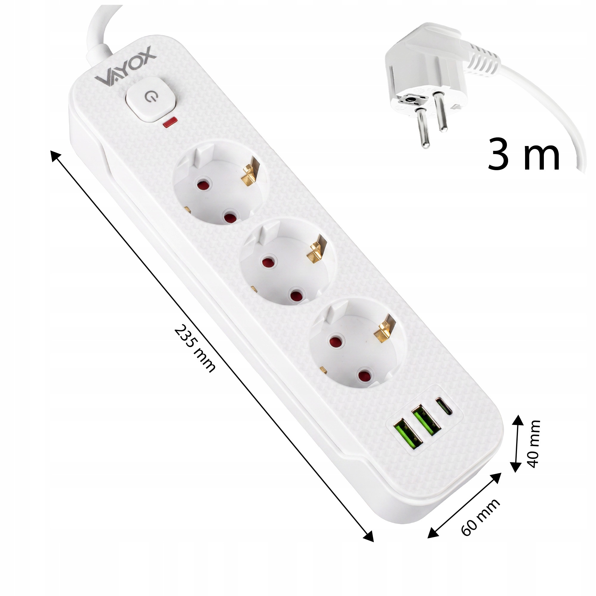 Biała listwa zasilająca z trzema gniazdami, portami USB, przełącznikiem i wtyczką z wymiarami.