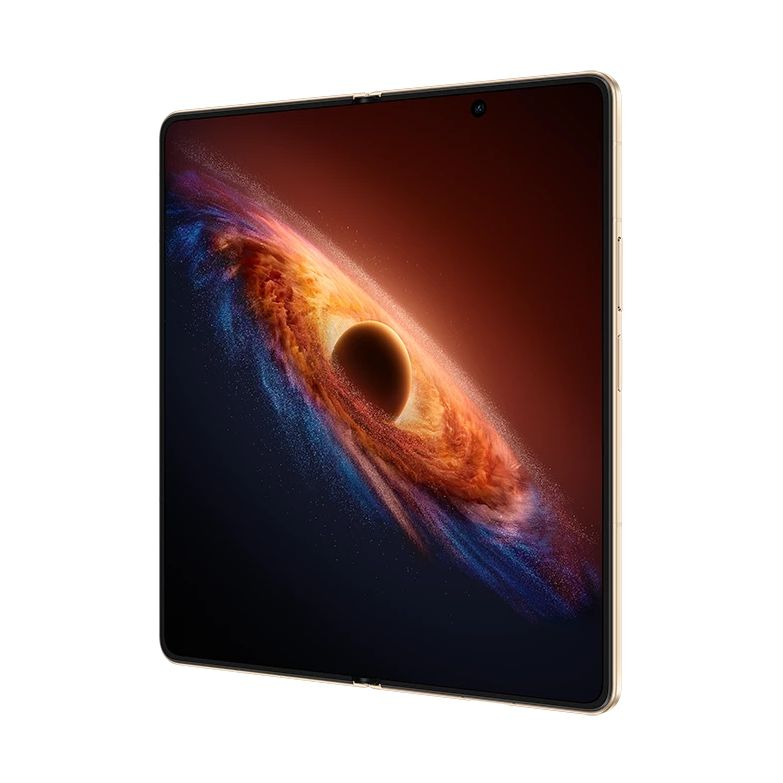 Uno smartphone pieghevole che mostra uno sfondo di galassia colorato sullo schermo.