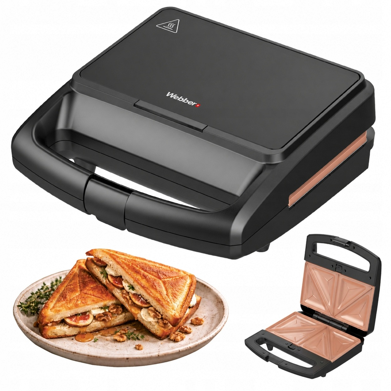 Schwarzer Sandwichmaker mit Teller und fertigen Sandwiches mit Feigen und Walnüssen.