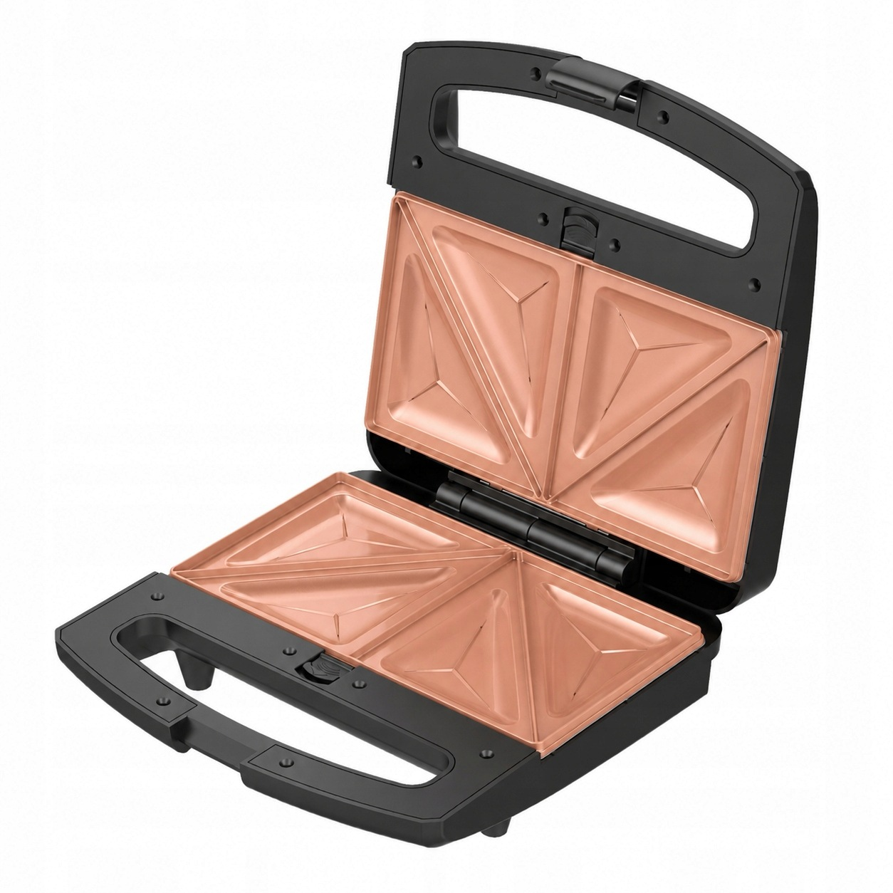 Ein offener schwarzer Sandwichtoaster mit roségoldenen, antihaftbeschichteten Dreiecksplatten auf weißem Grund.
