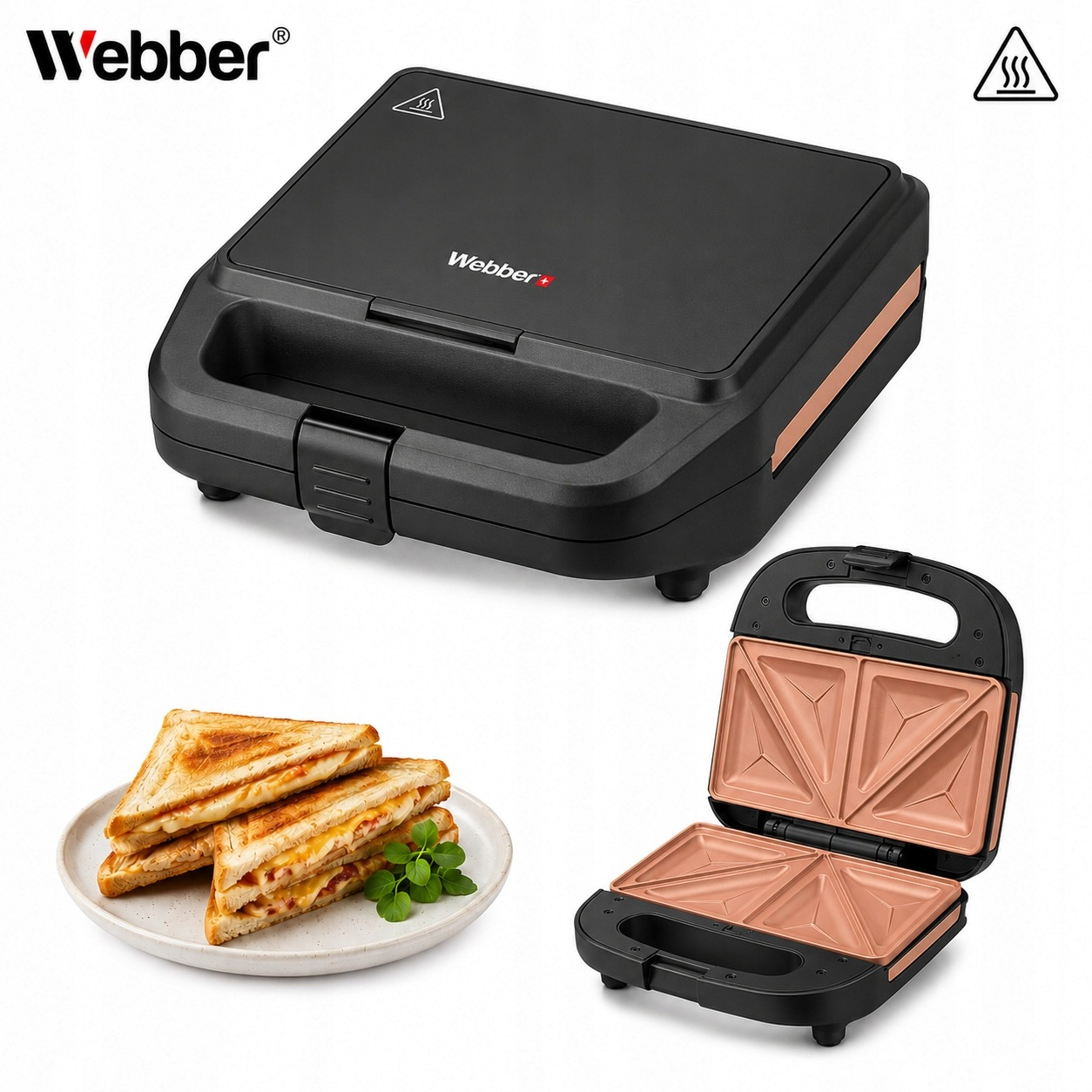 Schwarzer Sandwichmaker mit rosa-goldenen Platten und Teller mit Toasts.