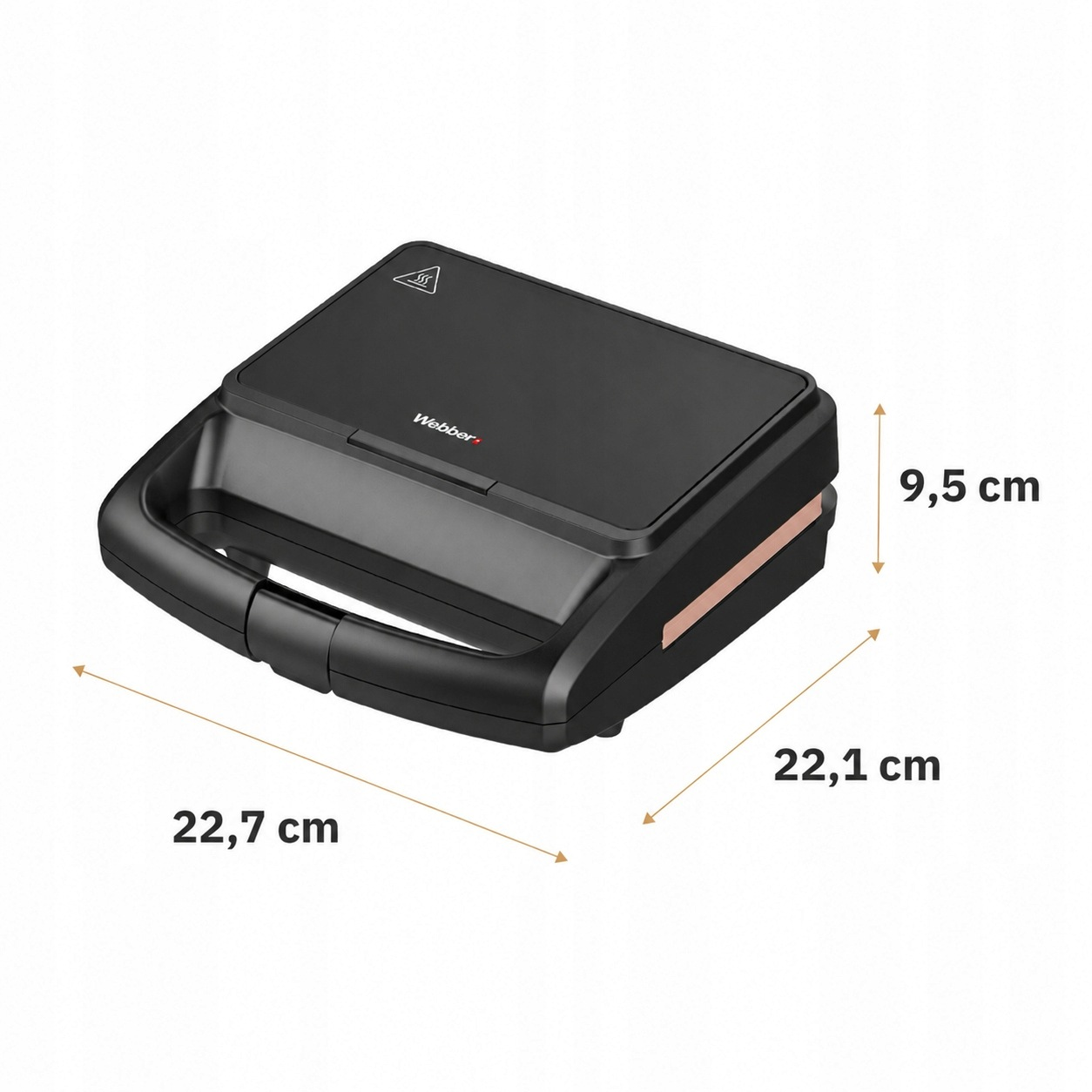 Ein schwarzer Sandwichmaker mit Maßen von 22,7 cm Breite, 22,1 cm Tiefe und 9,5 cm Höhe auf weißem Hintergrund.