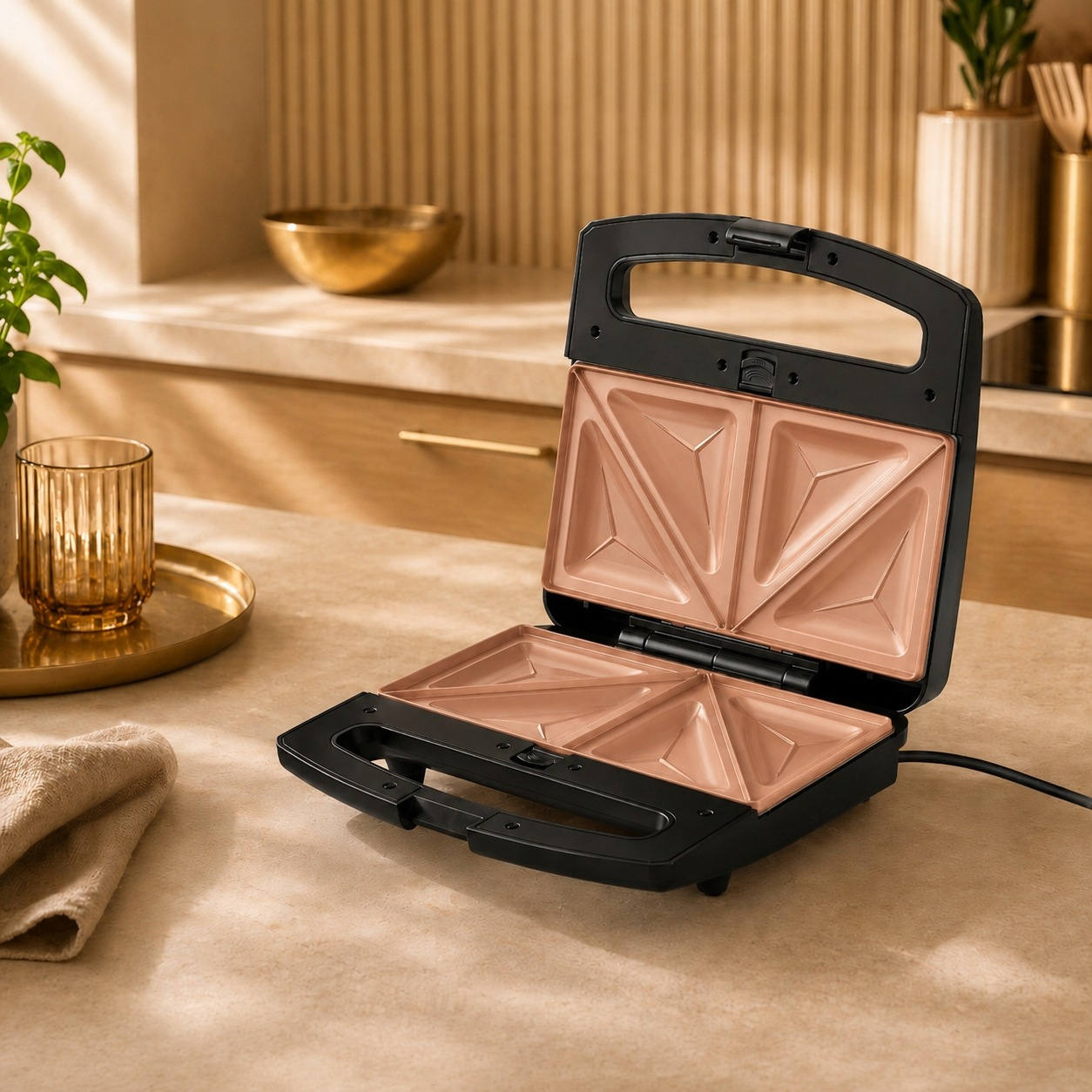Ein offener, schwarz-kupferfarbener Sandwichtoaster auf einer Küchenarbeitsplatte mit Utensilien und einem Glas im Hintergrund.