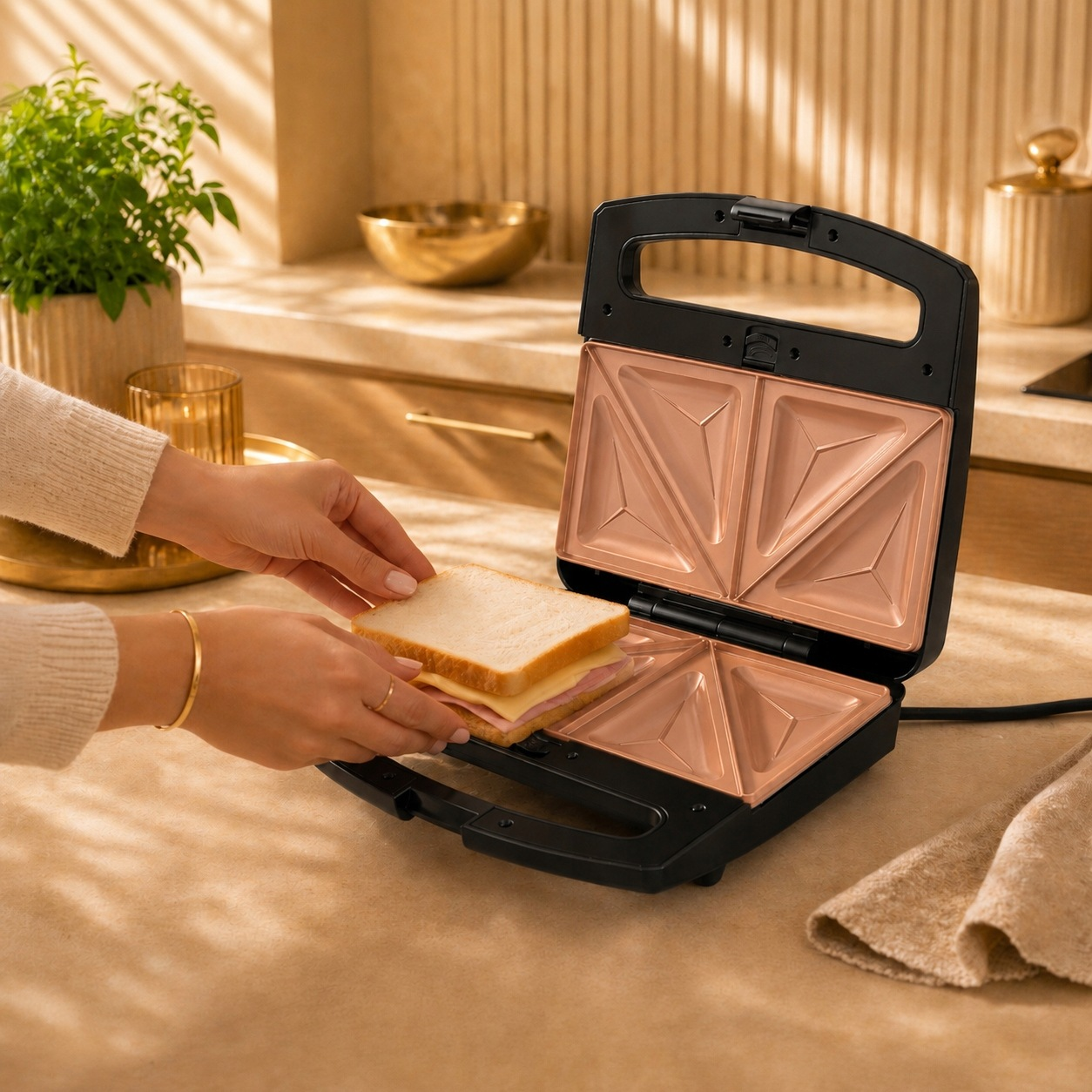 Eine Person legt ein Sandwich in einen offenen schwarzen Sandwichtoaster auf einer Küchenarbeitsplatte.