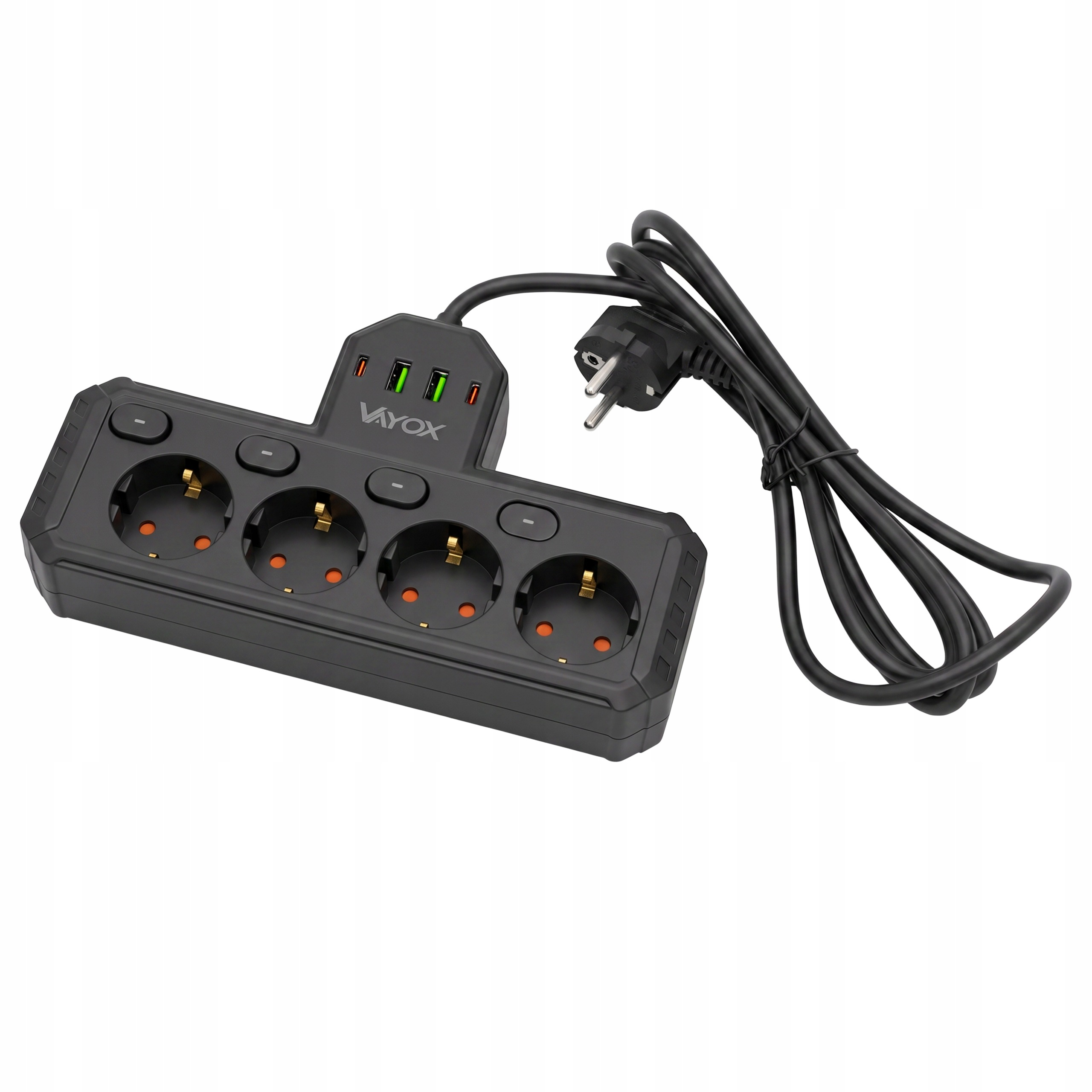 Czarna listwa zasilająca z czterema gniazdami, włącznikami, portami USB i kablem z wtyczką na białym tle.