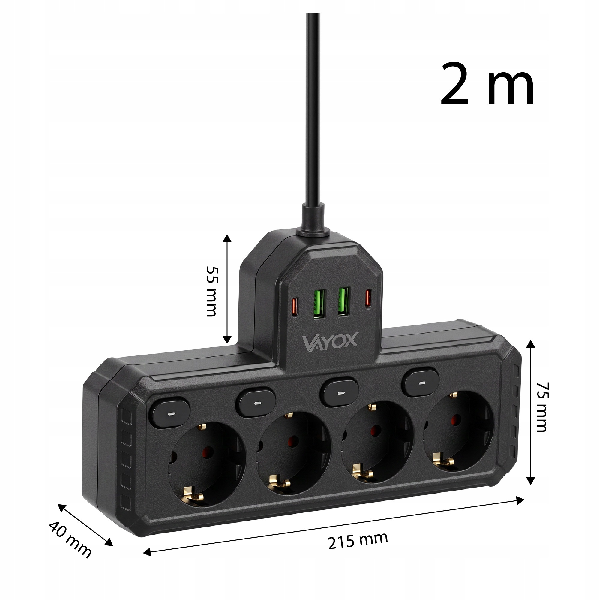 Czarna listwa zasilająca z czterema gniazdami, włącznikami i dwoma portami USB, z wymiarami i kablem 2m.