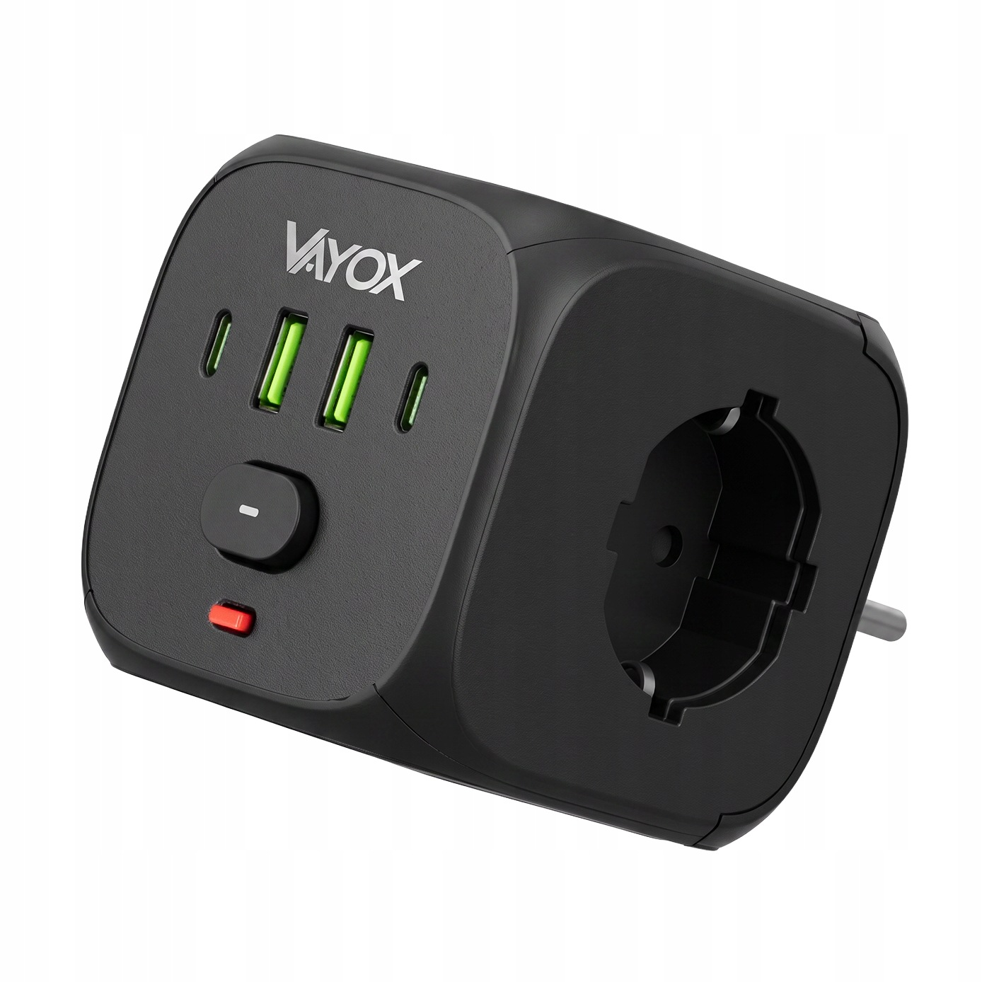 Egy fekete Vayox elosztókocka USB-portokkal, kapcsolóval és oldalt egy konnektorral.