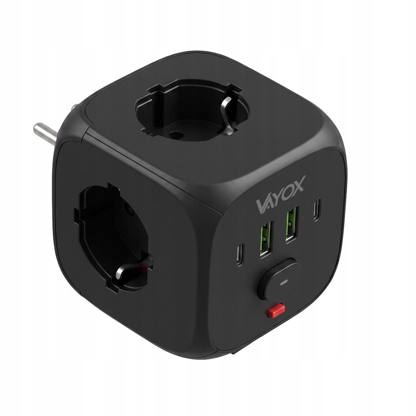 Fekete elosztó kocka több aljzattal, USB-porttal és kapcsolóval fehér háttér előtt.