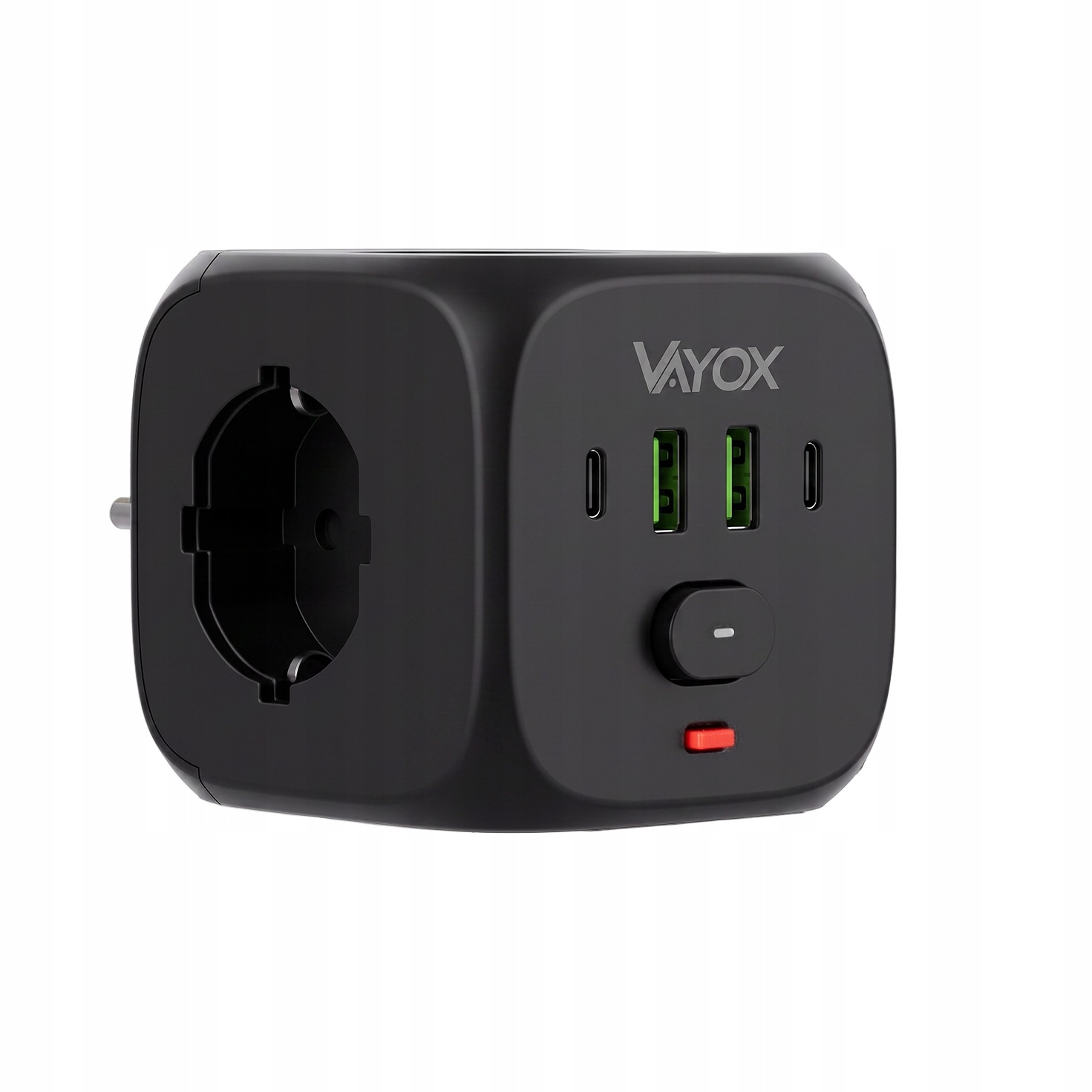 Fekete Vayox elosztókocka USB-C és USB-A portokkal, fehér háttérrel.