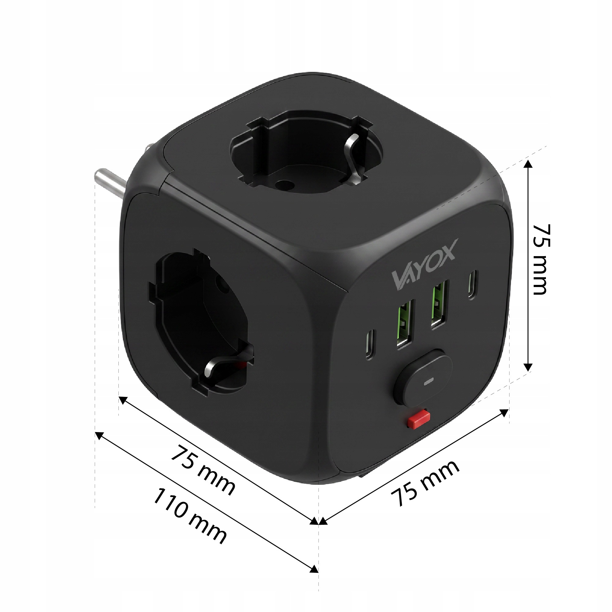 Fekete kocka alakú elosztó aljzatokkal, USB-portokkal és 75x75x75 mm-es méretekkel.