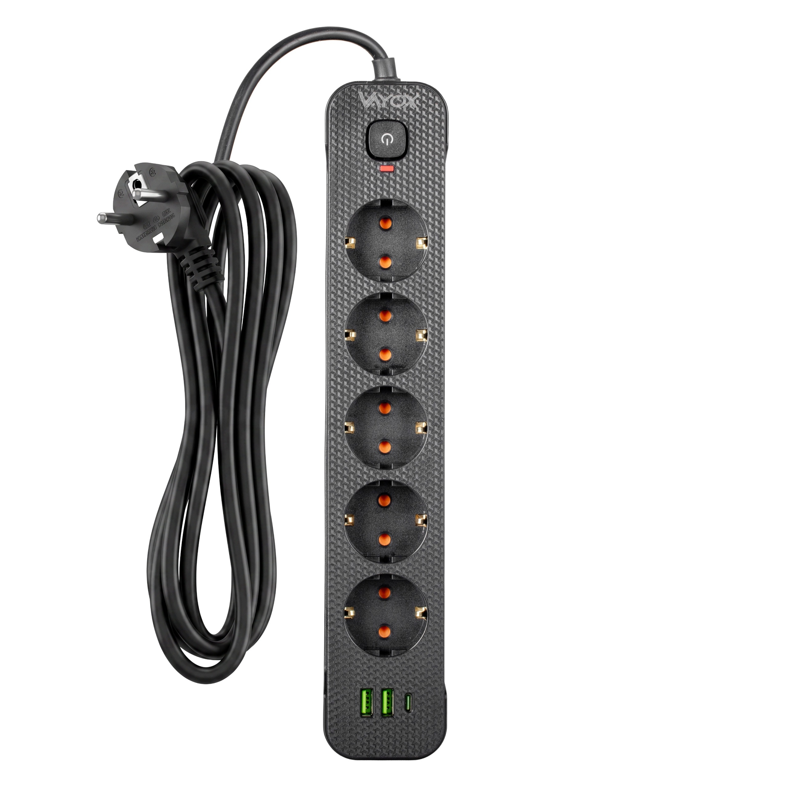 Czarna listwa zasilająca z pięcioma gniazdami, wyłącznikiem, portami USB i zwiniętym kablem.