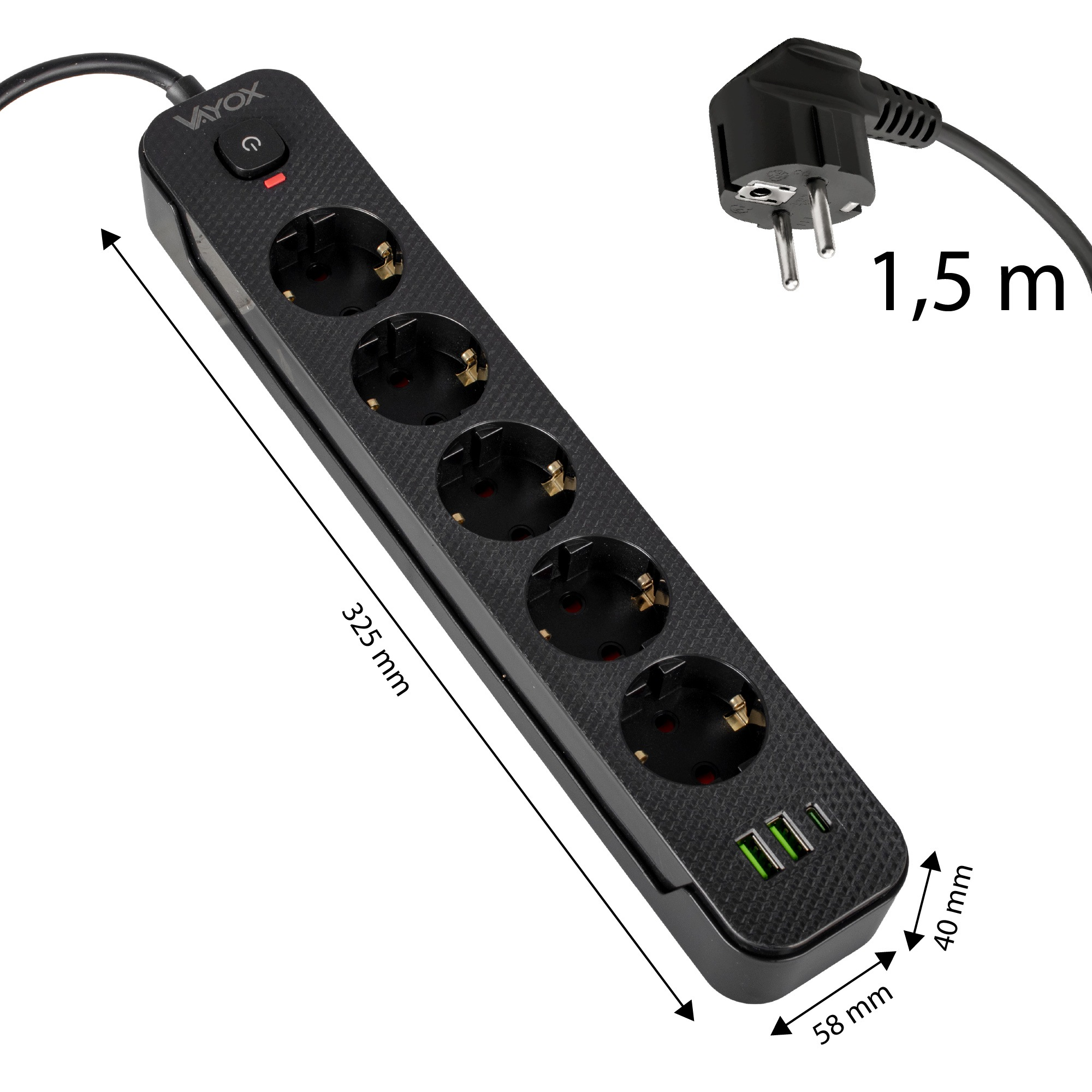 Czarna listwa zasilająca z pięcioma gniazdami, trzema portami USB, włącznikiem i wymiarami.