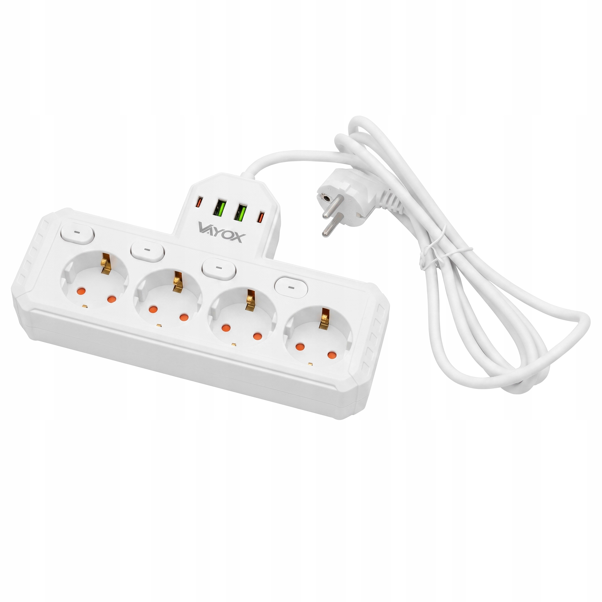 Biała listwa zasilająca z czterema gniazdami, portami USB, osobnymi wyłącznikami i kablem na białym tle.