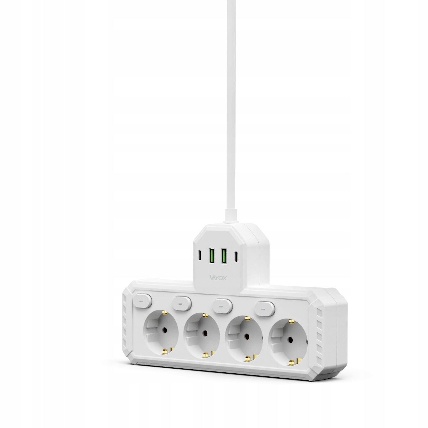 Biała listwa zasilająca z czterema gniazdami, osobnymi włącznikami i dwoma portami USB.