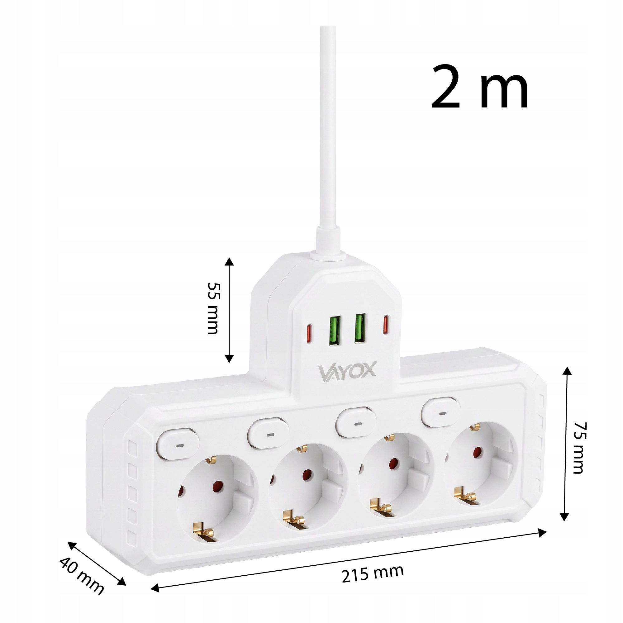 Biała listwa zasilająca z 4 gniazdami, 2 portami USB, wyłącznikami i wymiarami na jasnym tle.