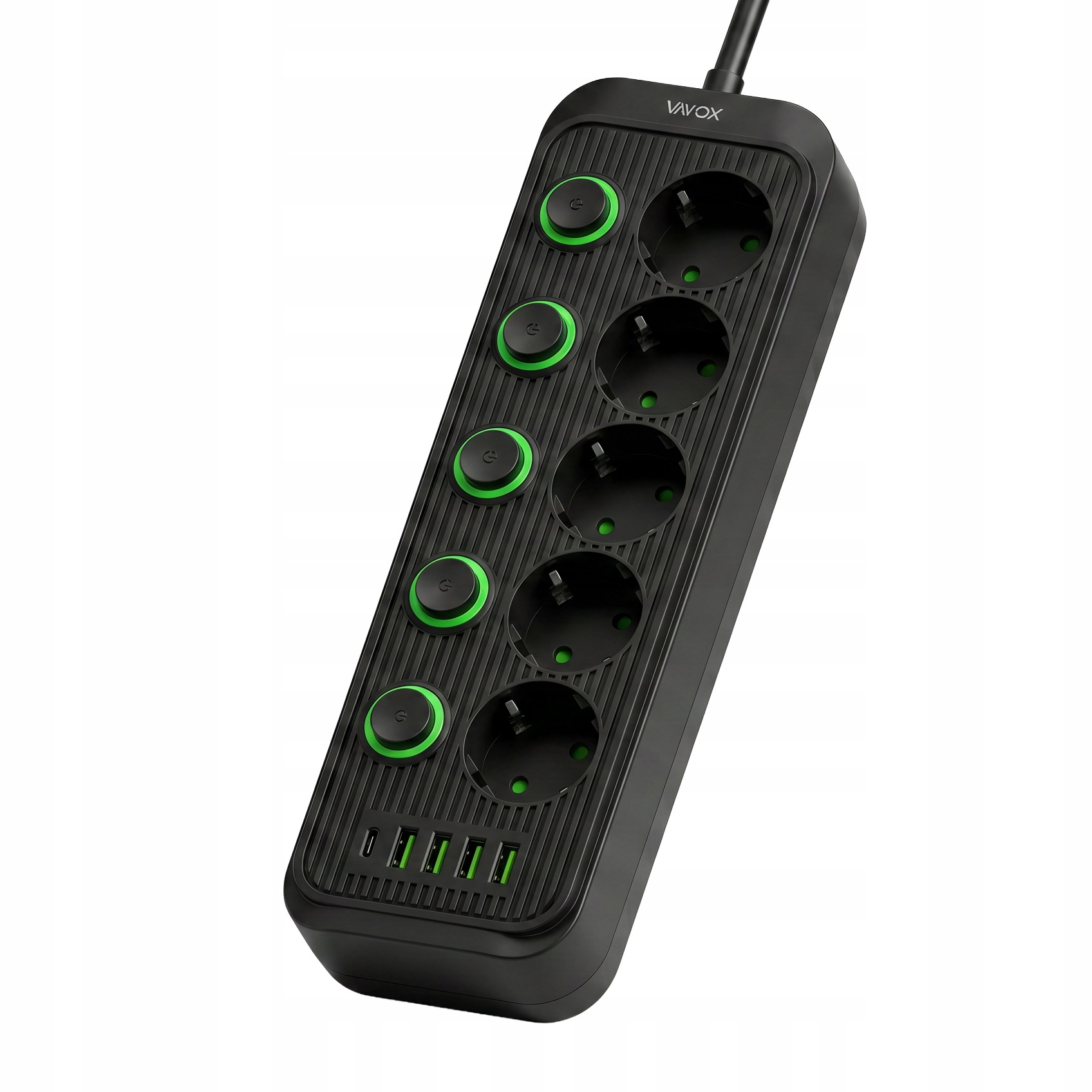 Czarna listwa zasilająca z pięcioma gniazdami, pięcioma zielonymi włącznikami i pięcioma portami USB.