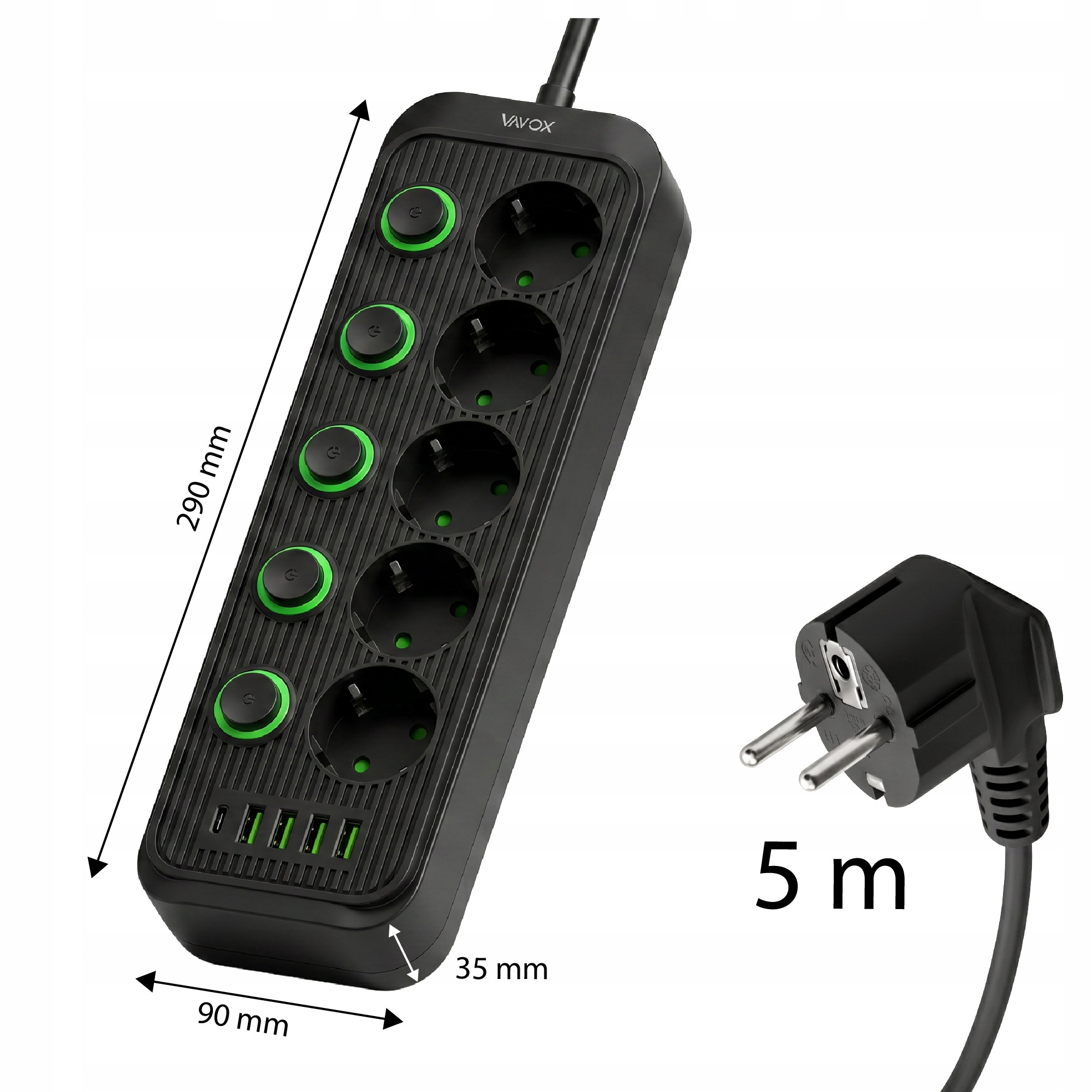 Czarna listwa zasilająca z 5 gniazdami, przełącznikami, portami USB i kablem 5m, o wymiarach 290x90x35 mm.