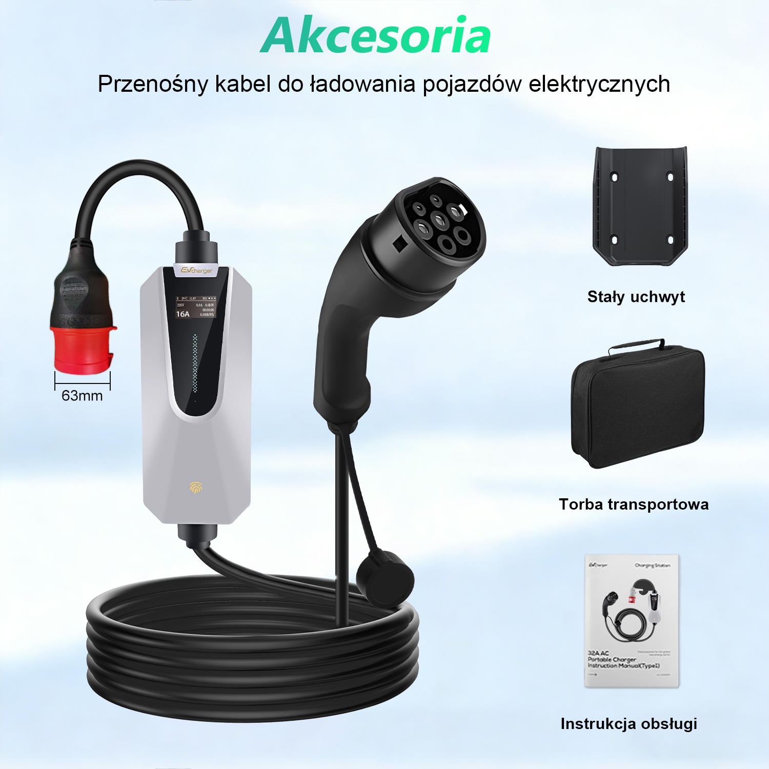 Ładowarka EV z kablem, wtyczką, skrzynką, uchwytem, torbą i instrukcją na jasnoniebieskim tle.