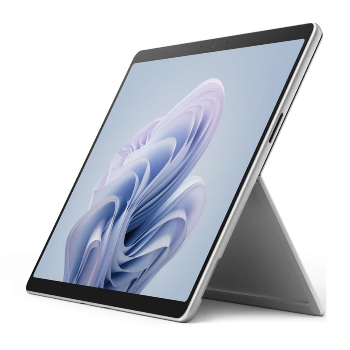Srebrny tablet stoi pionowo na białej powierzchni, a na jego ekranie widnieje abstrakcyjny fioletowo-niebieski wzór fal.