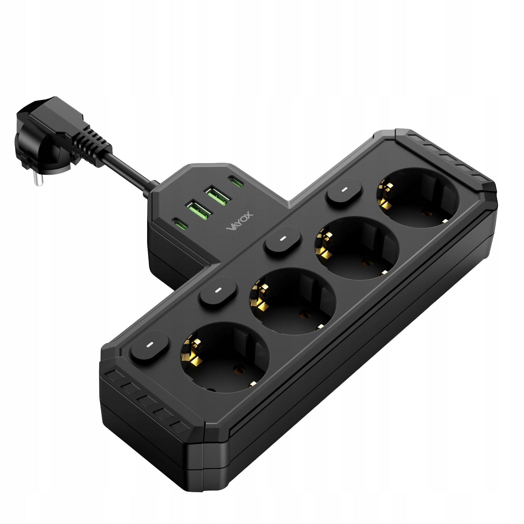 Czarna listwa zasilająca z czterema gniazdami, trzema portami USB i podłączonym przewodem zasilającym.