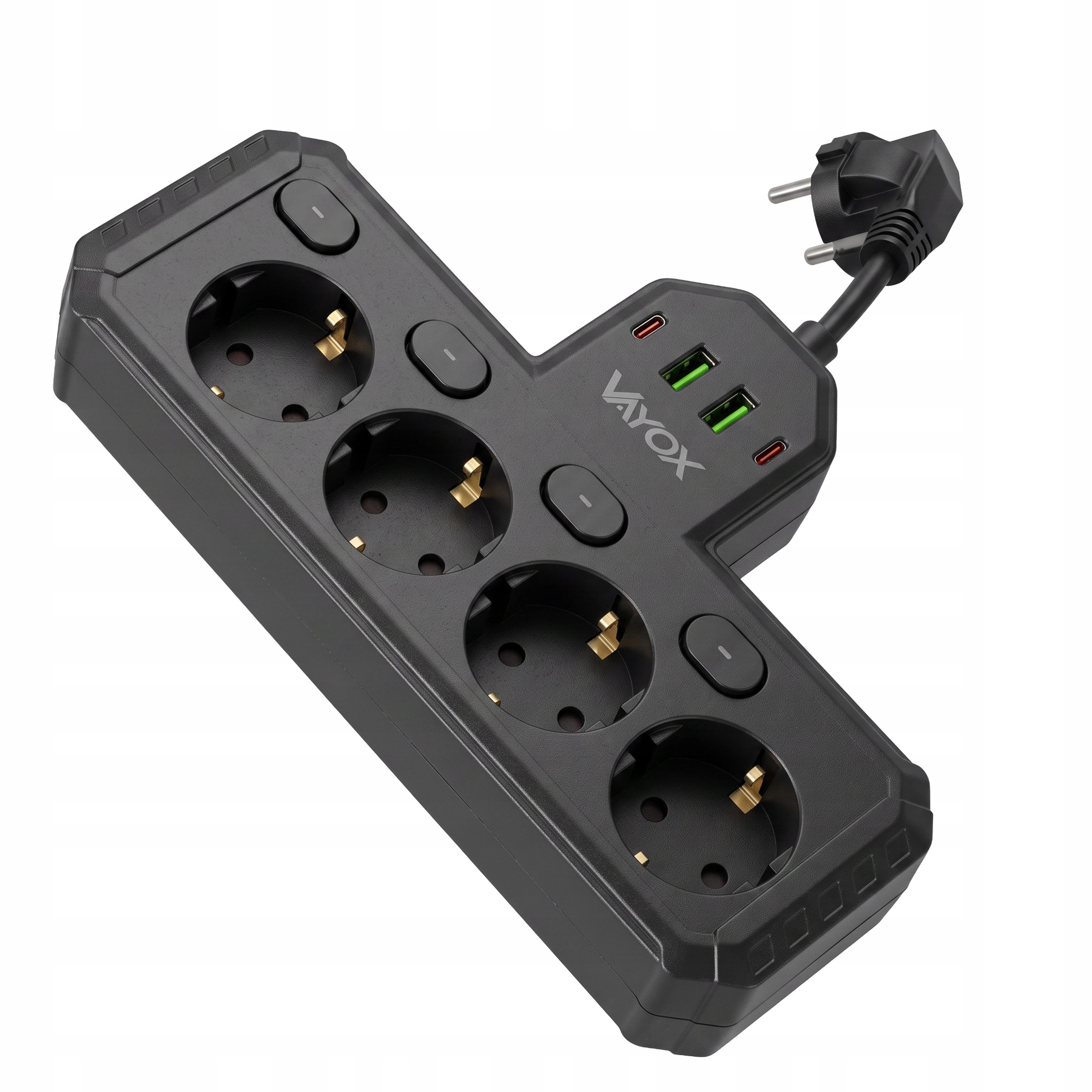 Czarna listwa zasilająca z czterema gniazdami, portami USB i wtyczką na białym tle.