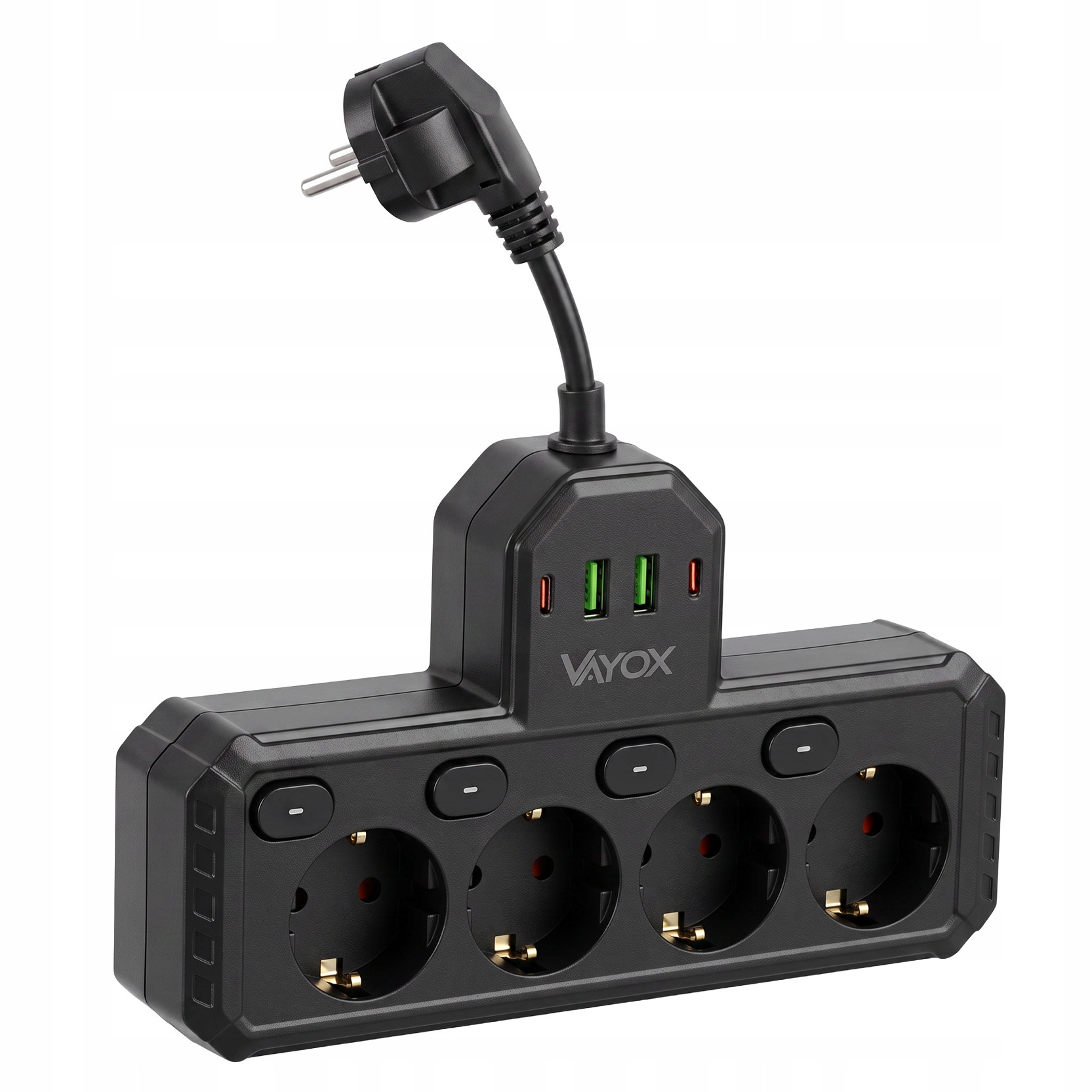 Czarna listwa zasilająca z czterema gniazdami, czterema wyłącznikami i dwoma portami USB, z krótkim kablem.