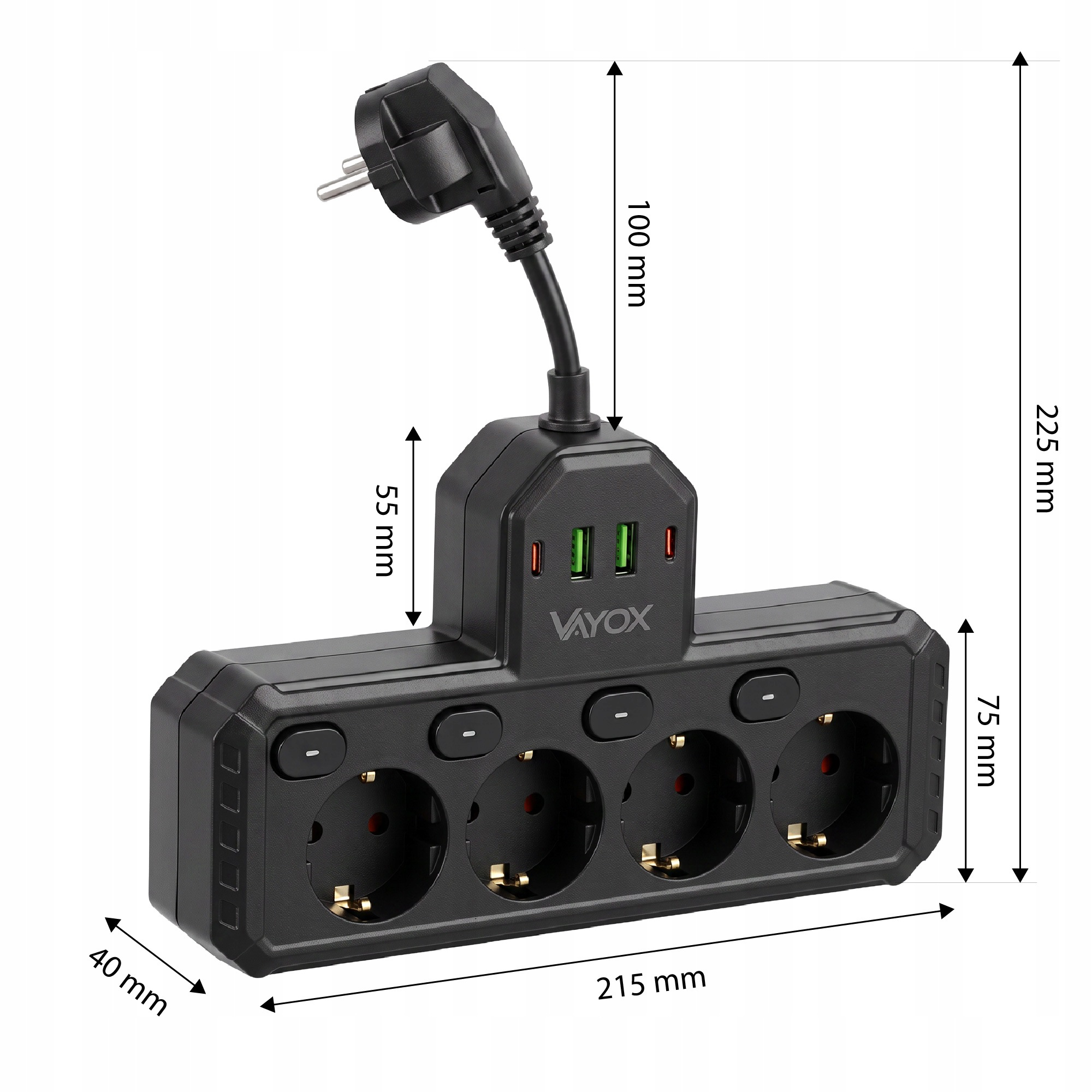 Czarna listwa zasilająca z czterema gniazdami, portami USB i wymiarami.