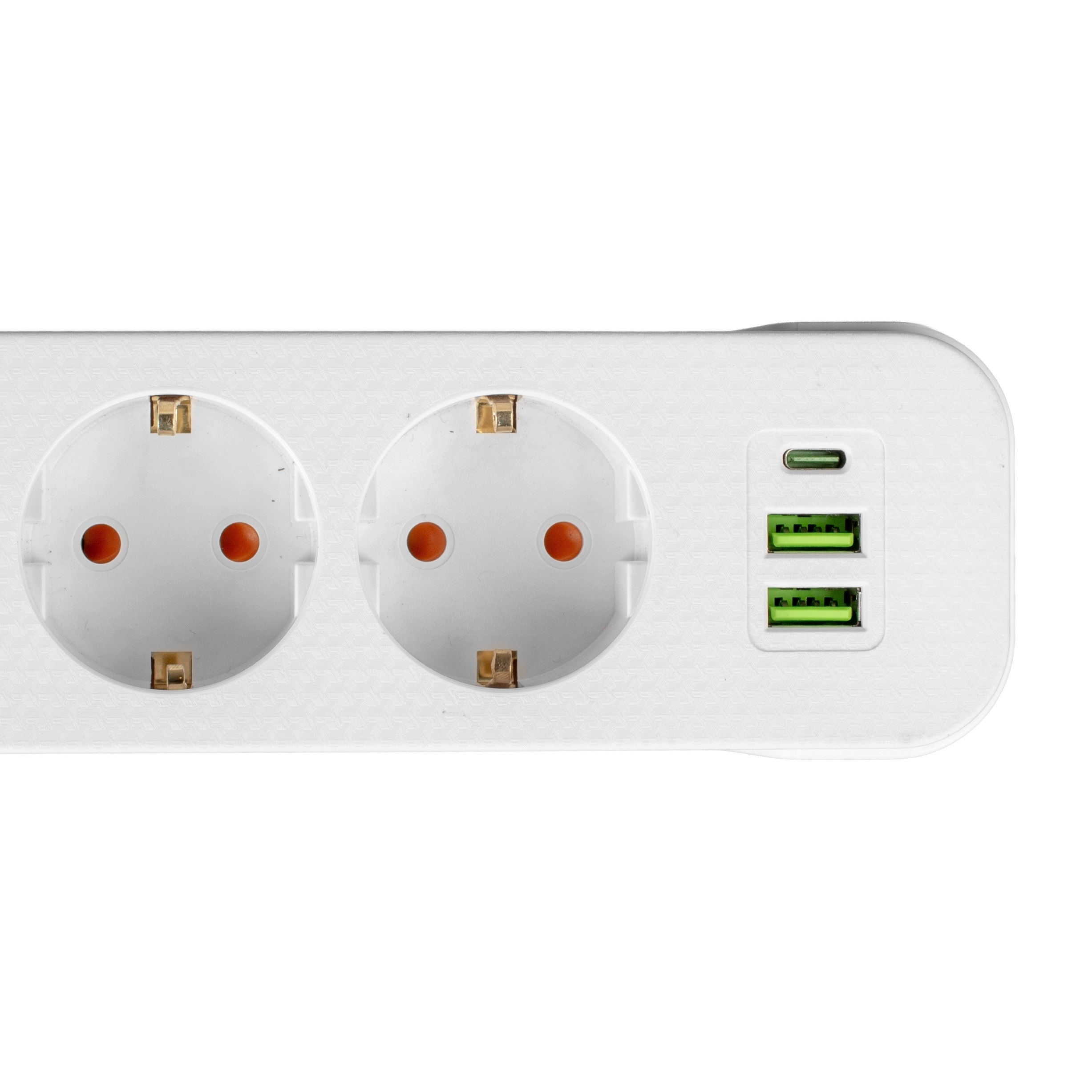 Biała listwa zasilająca z dwoma gniazdami i trzema portami USB na białym tle.