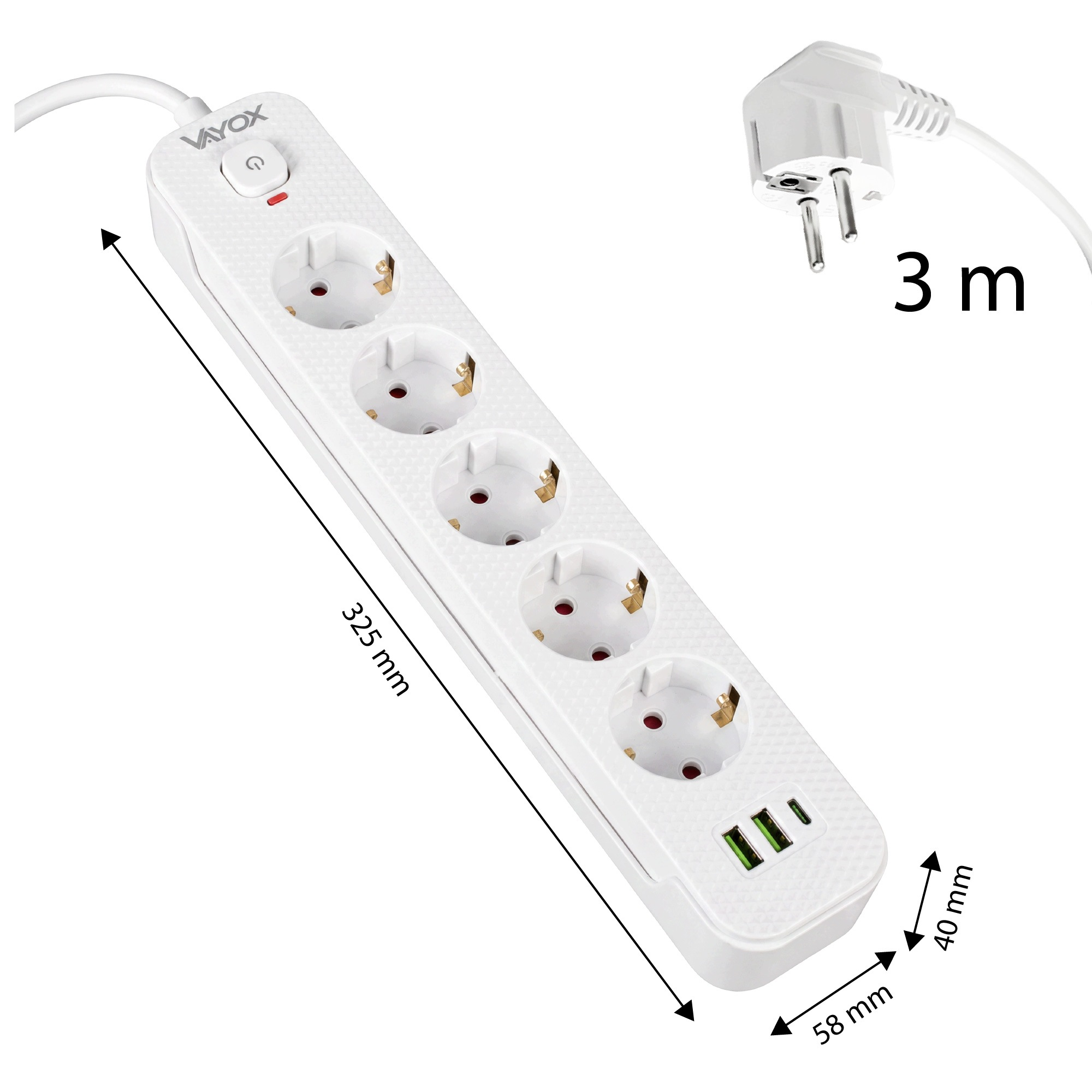 Biała listwa zasilająca Vayox z 5 gniazdami, portami USB, włącznikiem, wtyczką EU i wymiarami.