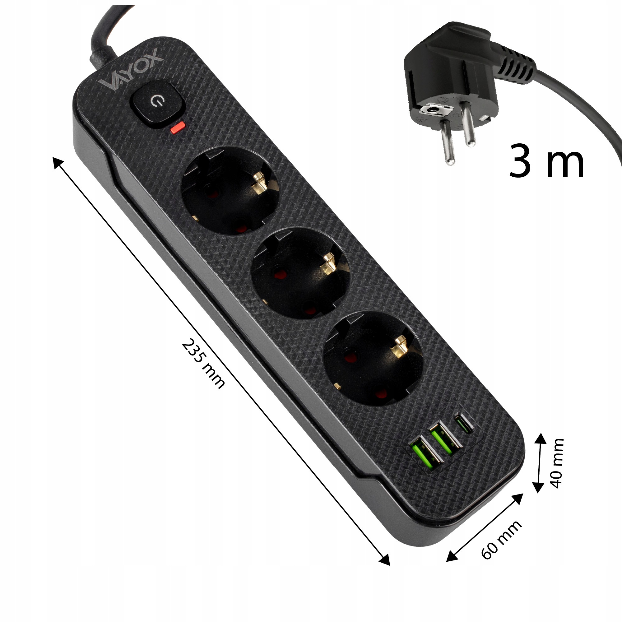 Czarna listwa zasilająca z trzema gniazdami, trzema portami USB, wyłącznikiem, kablem 3m i wymiarami.