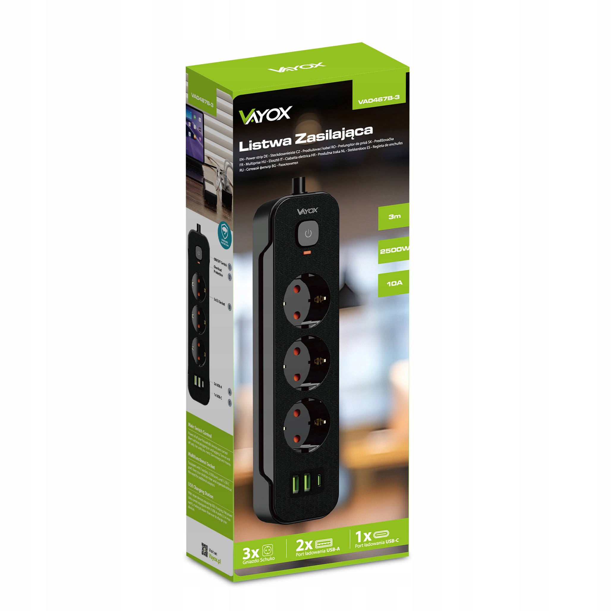 Opakowanie produktu przedstawiające czarną listwę zasilającą Vayox z trzema gniazdami i portami USB.