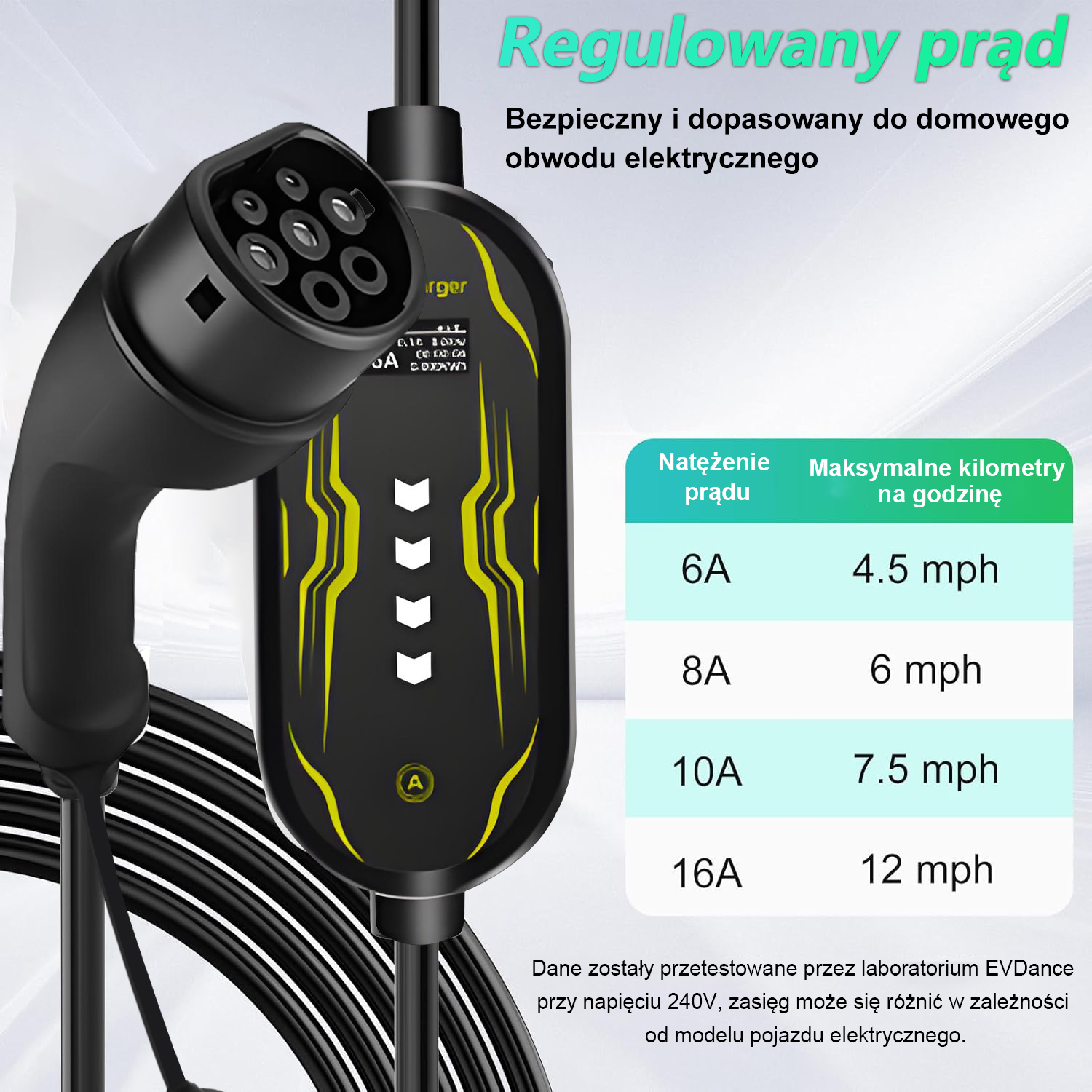Kabel do ładowania EV ze skrzynką sterującą i tabelą natężenia oraz zasięgu.