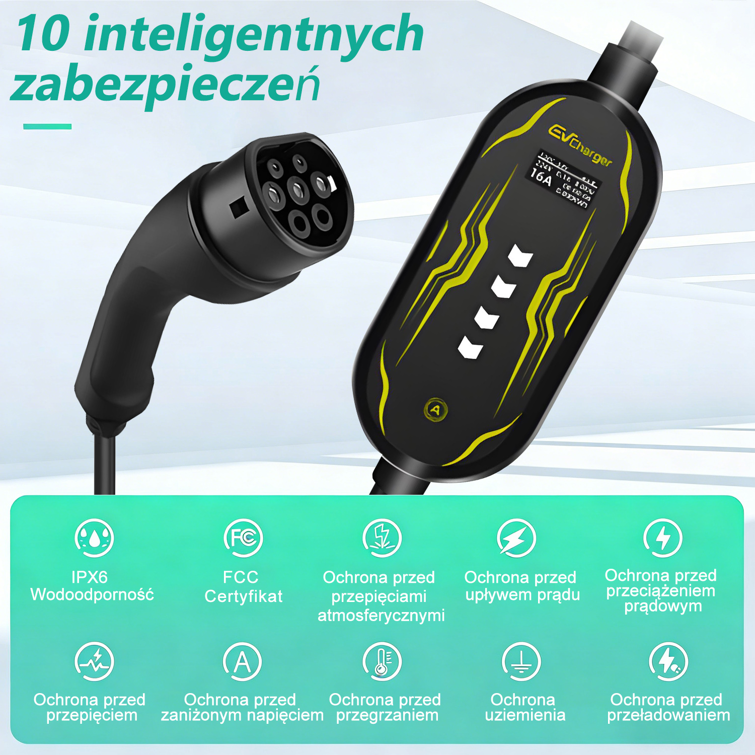 Czarne kabel do ładowania pojazdów elektrycznych z wyświetlaczem i dziesięcioma ikonami ochrony.