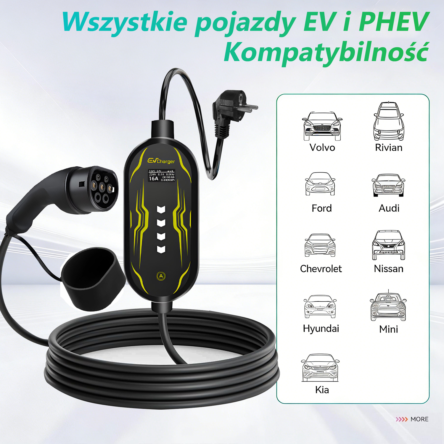 Ładowarka EV z wtyczką, wyświetlaczem i kablem oraz lista kompatybilnych marek samochodów.