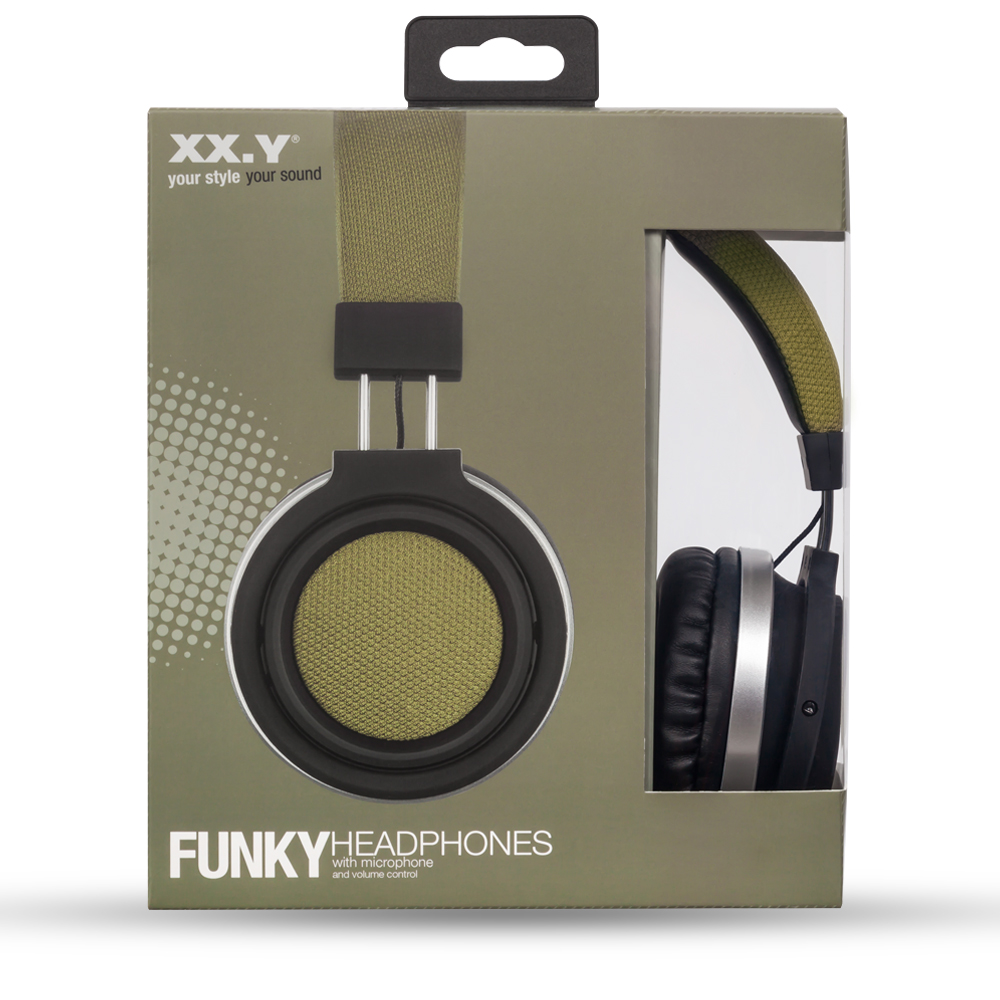 Oliwkowo-zielone opakowanie na słuchawki Funky z wizerunkiem produktu i przezroczystym okienkiem.