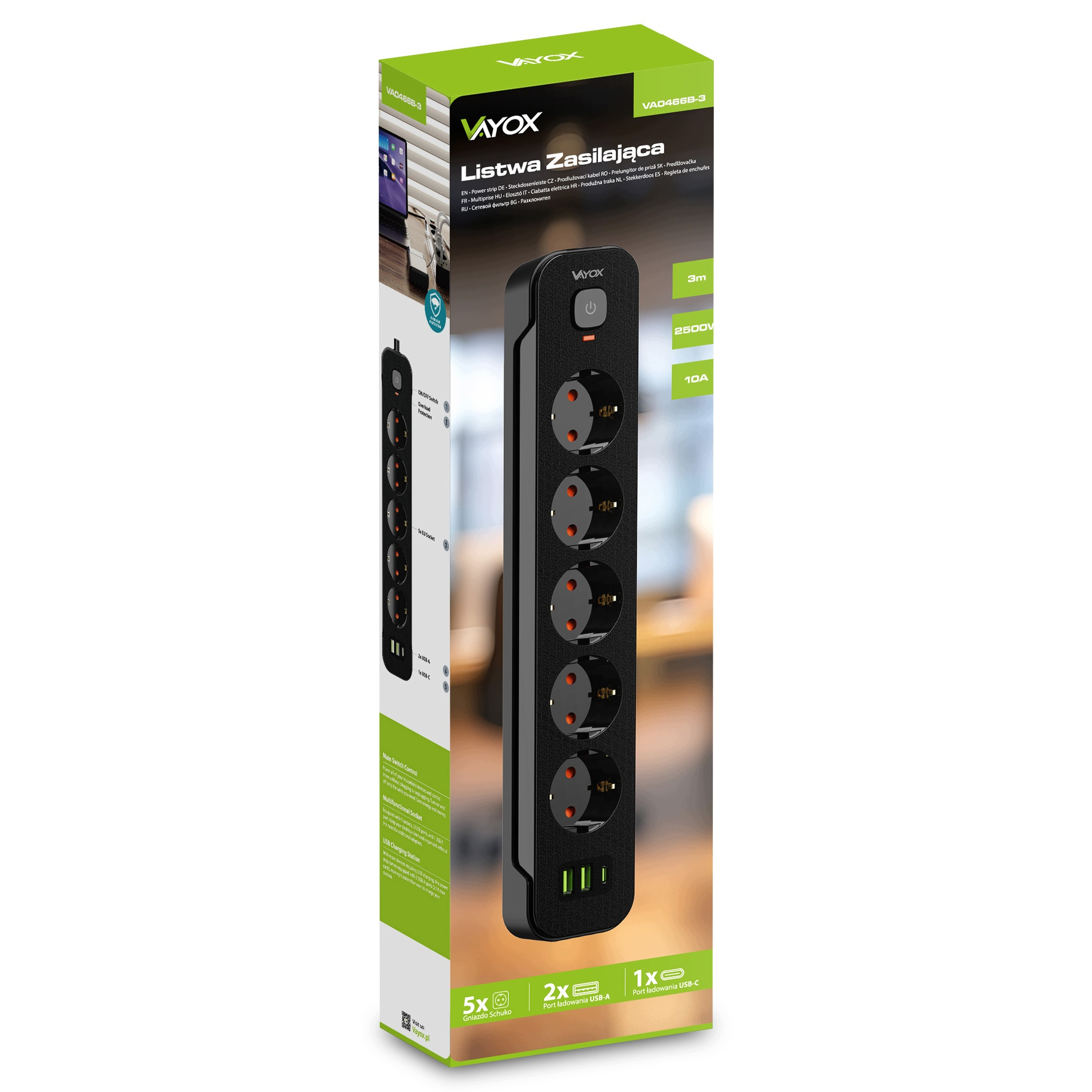 Opakowanie listwy zasilającej Vayox z pięcioma gniazdami i portami USB.