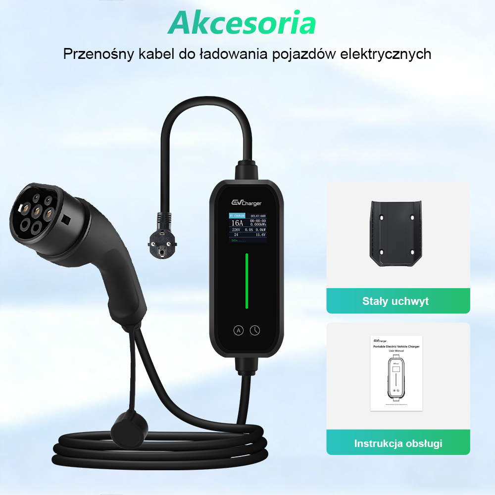 Przenośny kabel do ładowania EV z wtyczką, wyświetlaczem, uchwytem i instrukcją.