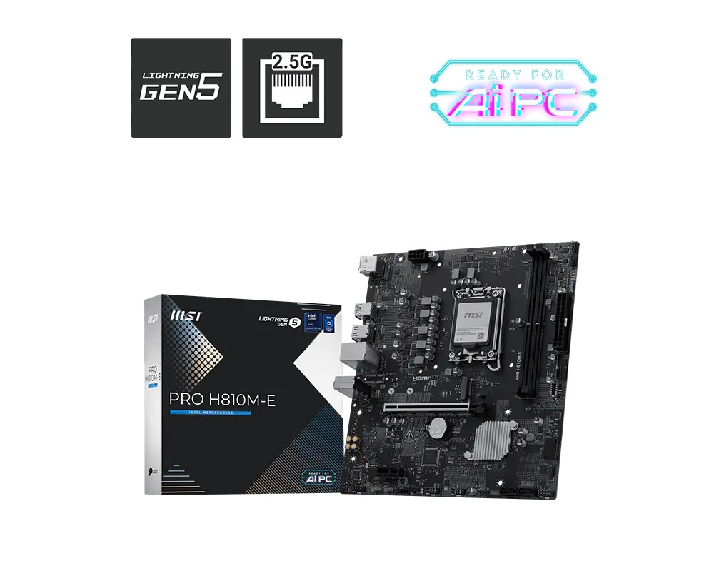 Kutusu, Gen 5 ve AI PC simgeleriyle birlikte MSI PRO H810M-E anakart.