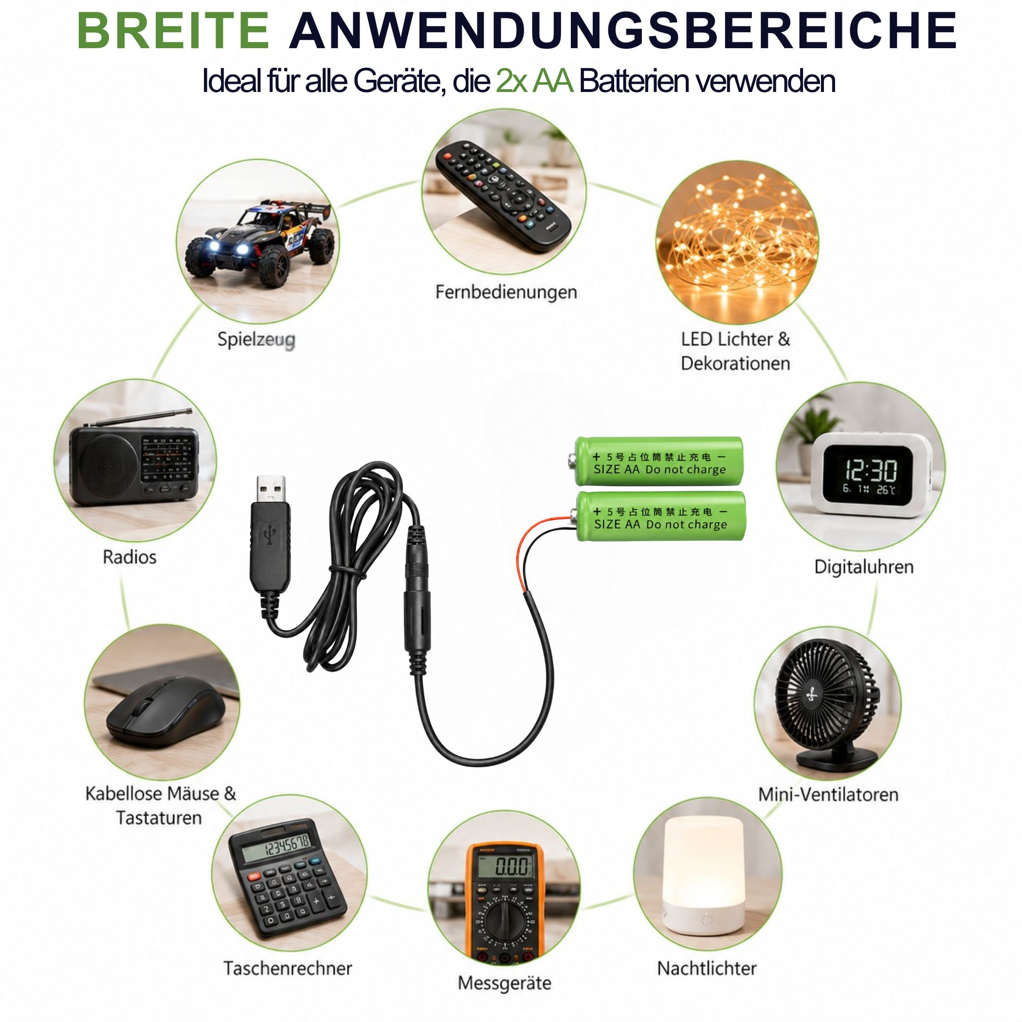 Infografik zeigt zwei grüne AA-Akkus per USB-Kabel verbunden mit Geräten wie Spielzeug, Fernbedienungen und Uhren.